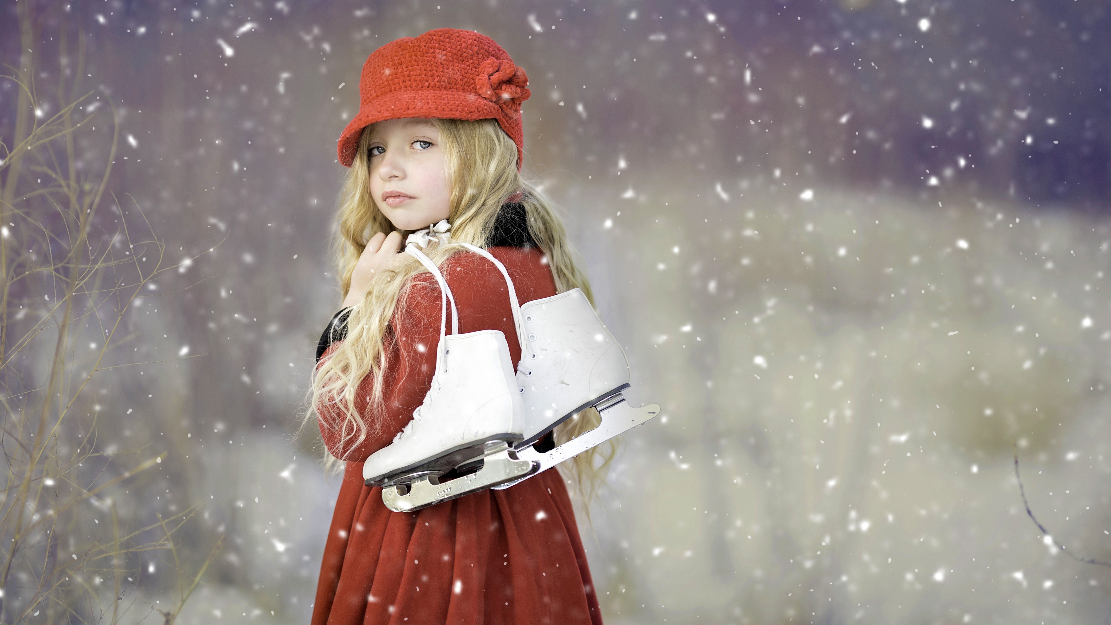 Little Girl with Ice Skates in Snowy Scene HD Wallpaper