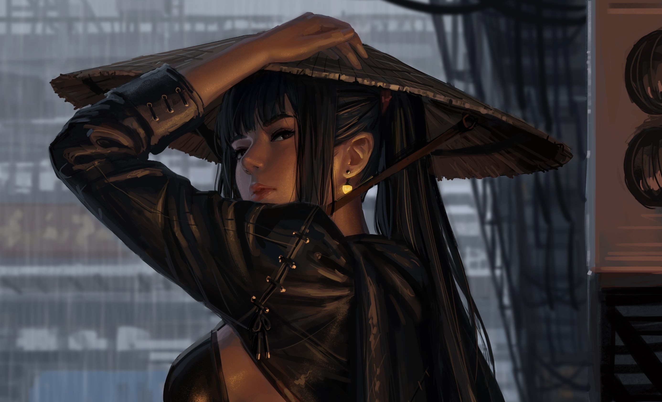 Fantasy Woman Warrior with Asian Hat HD Wallpaper