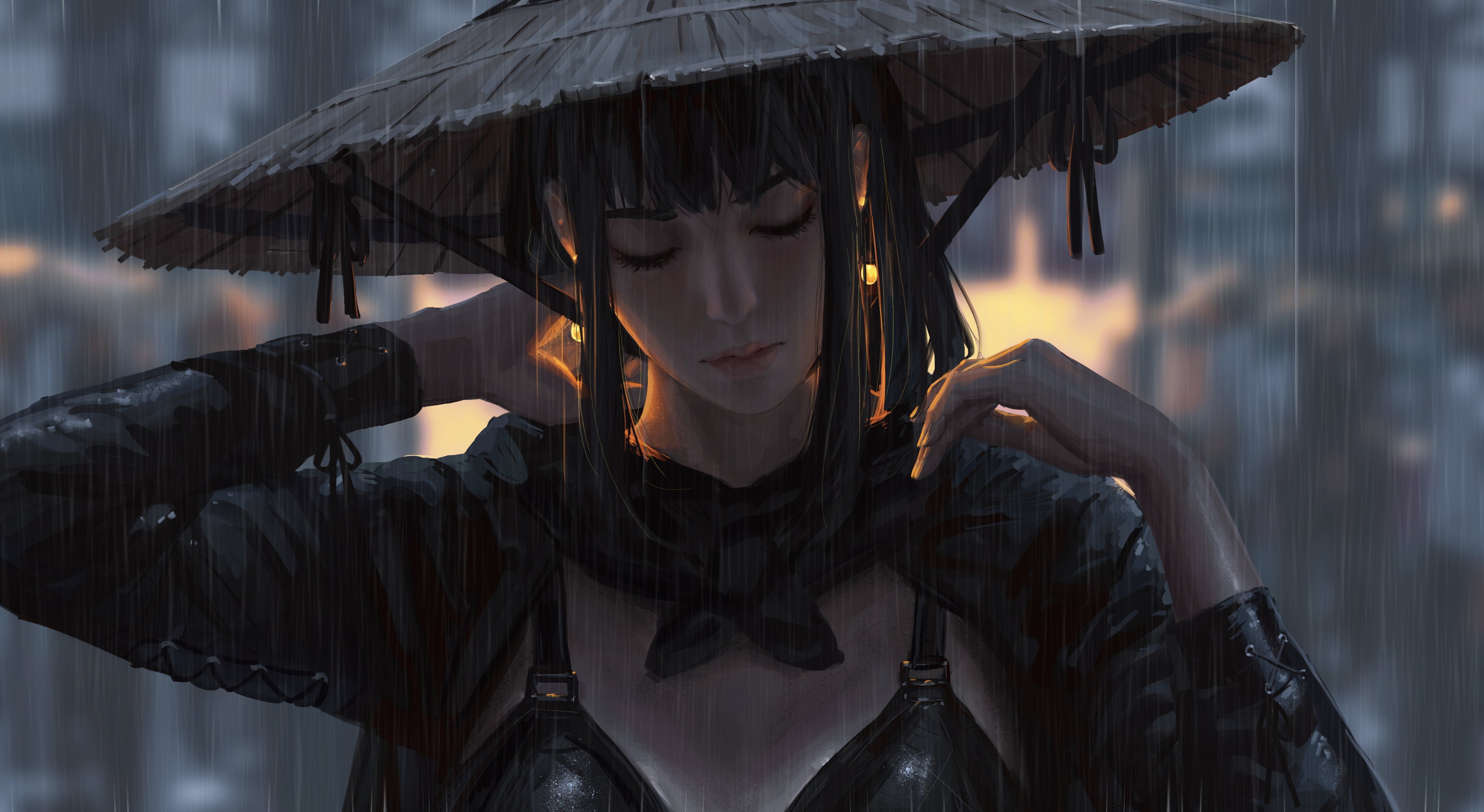 Woman in Bamboo Hat in the Rain HD Wallpaper