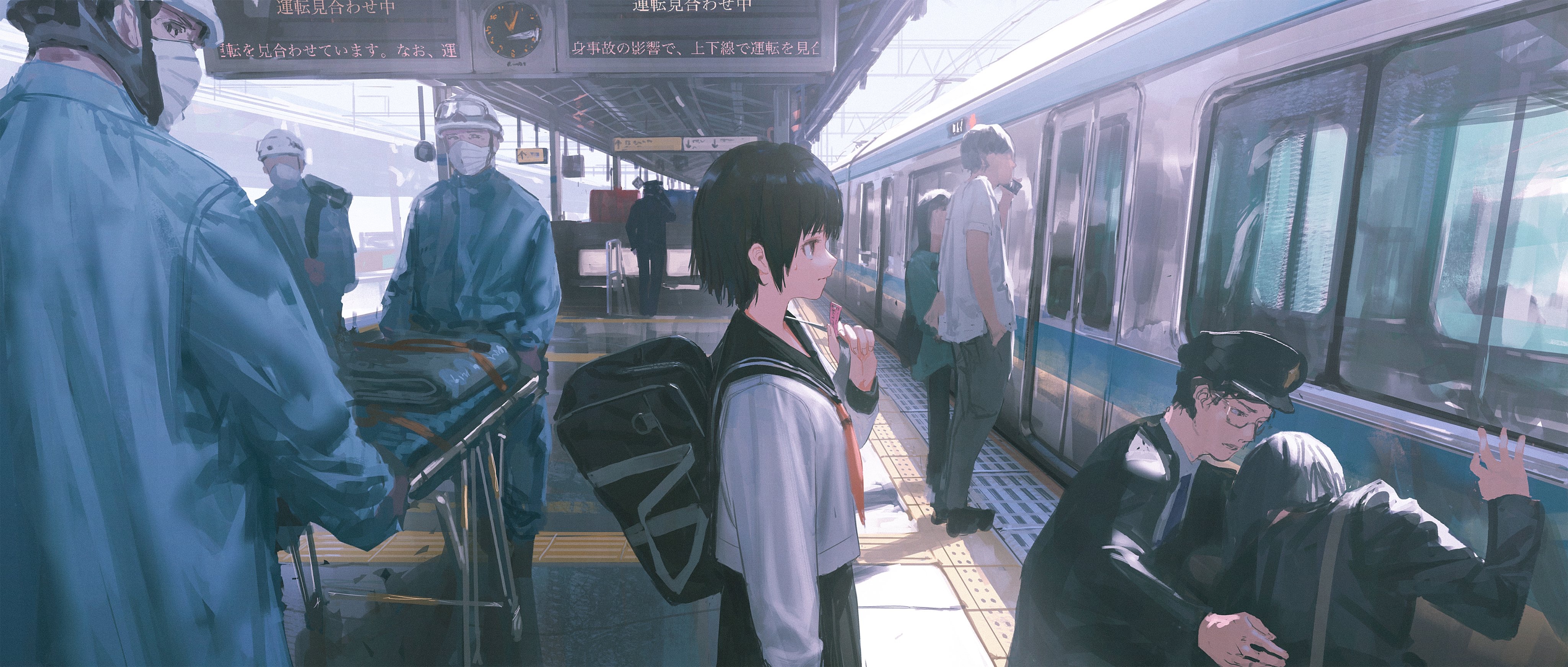 Medical personnel and students at a train station HD Wallpaper