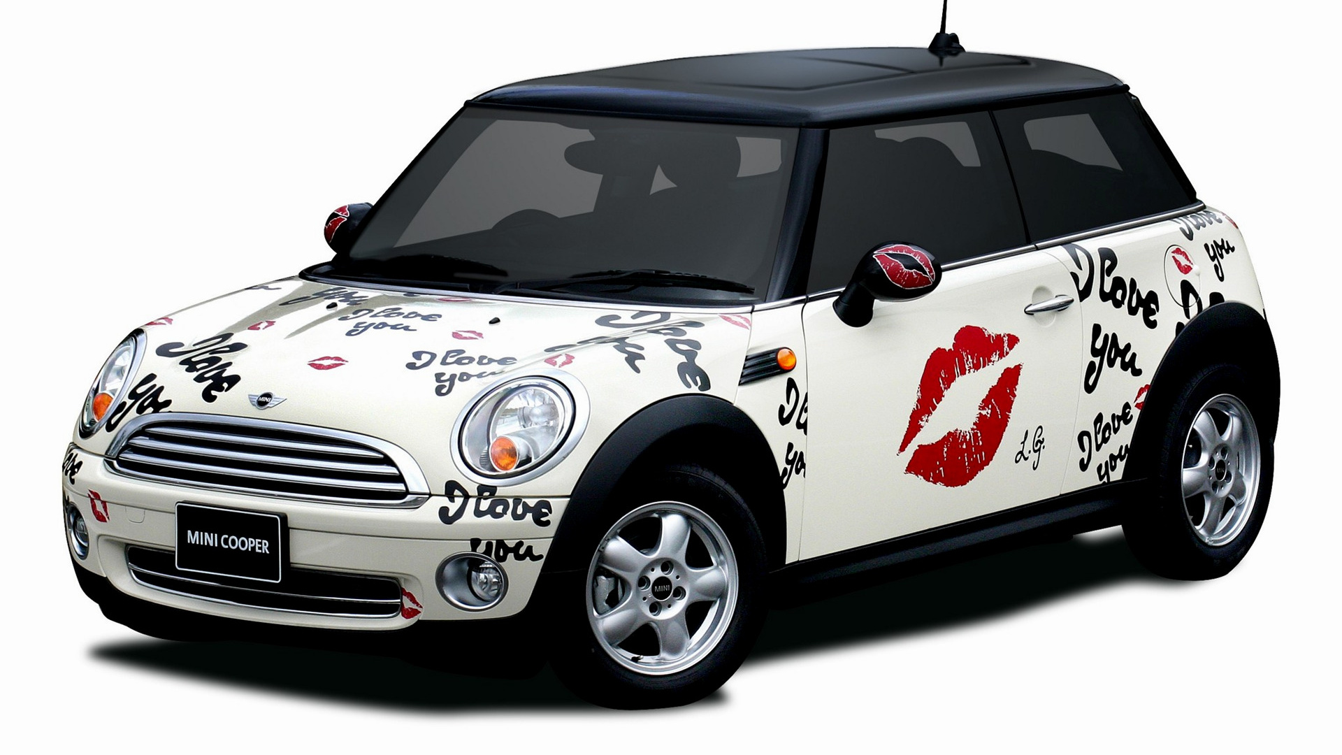White Mini Cooper Lulu Guinness with Kiss Decals HD Wallpaper