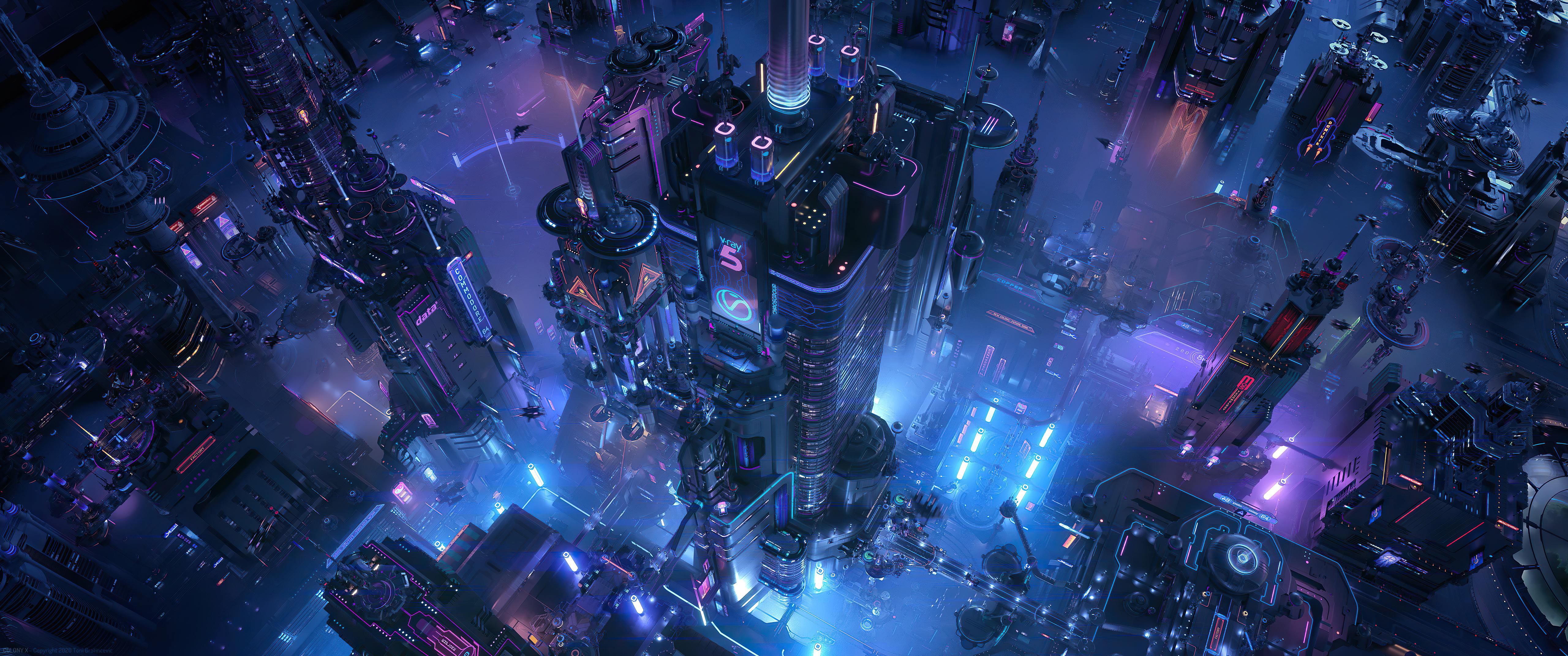 Aerial view of a neon cyberpunk city with skyscrapers HD Wallpaper