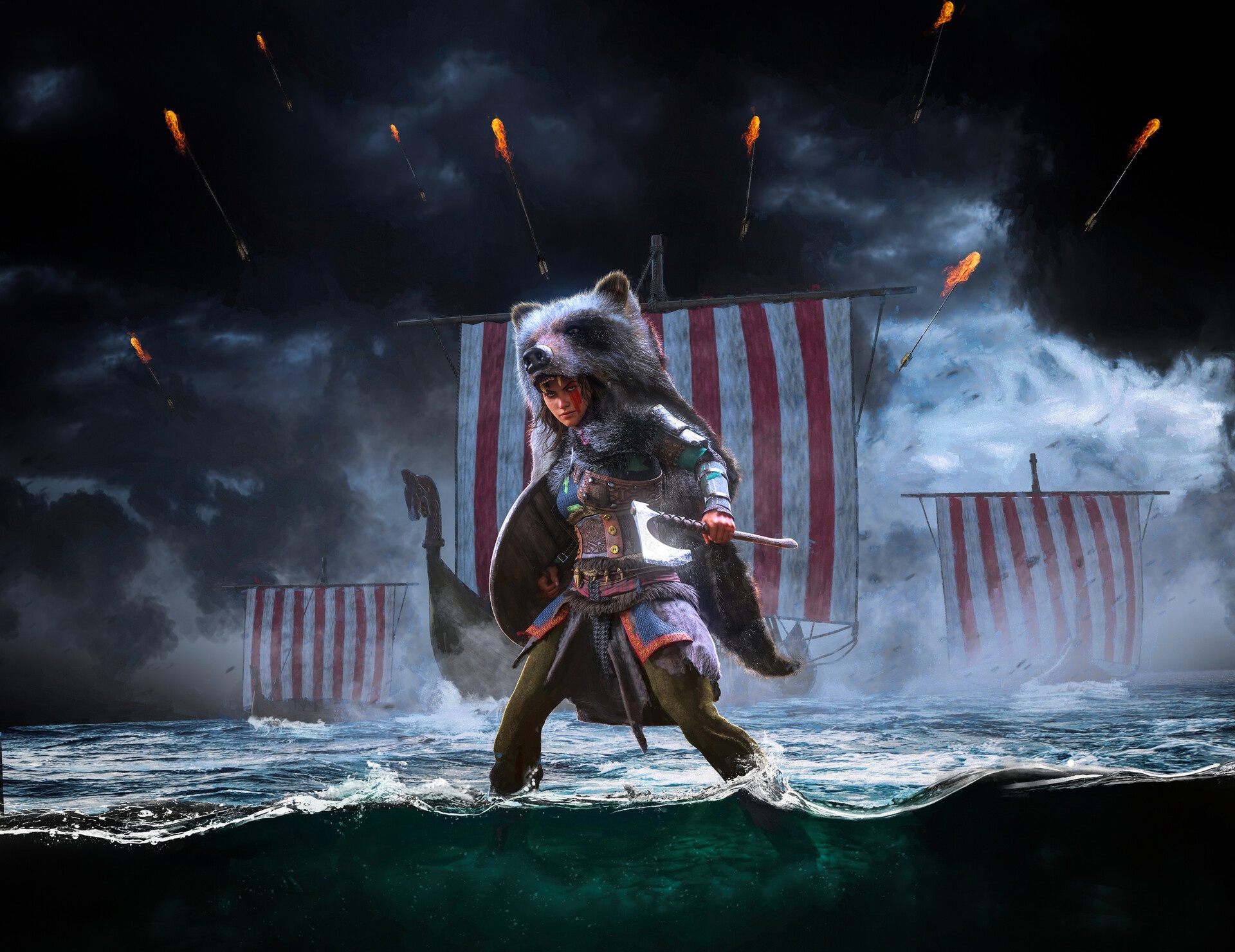 Fantasy Viking Woman Warrior with Drakkar Boats HD Wallpaper