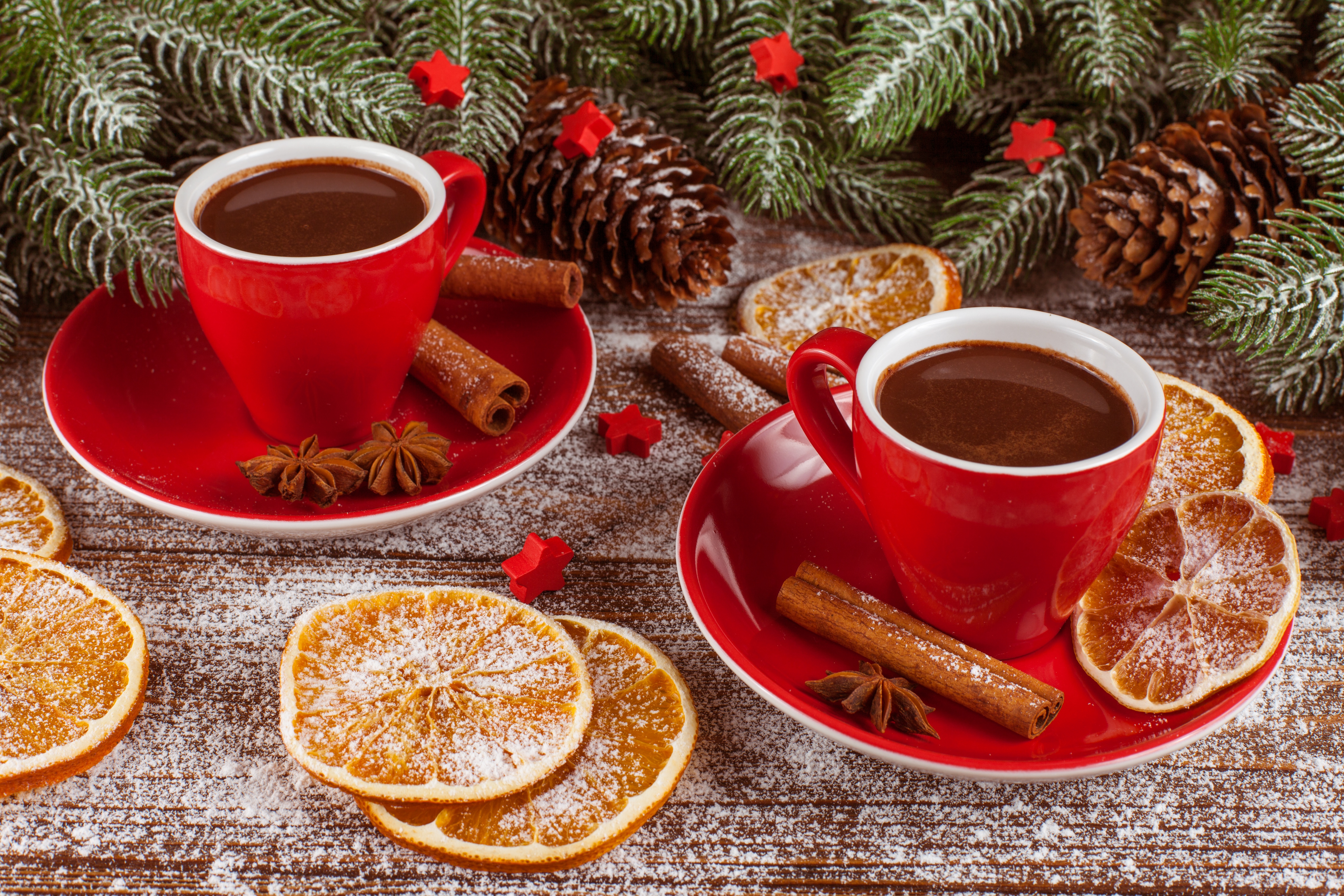 Coffee Cups with Cinnamon and Dried Orange Slices 4K HD Wallpaper
