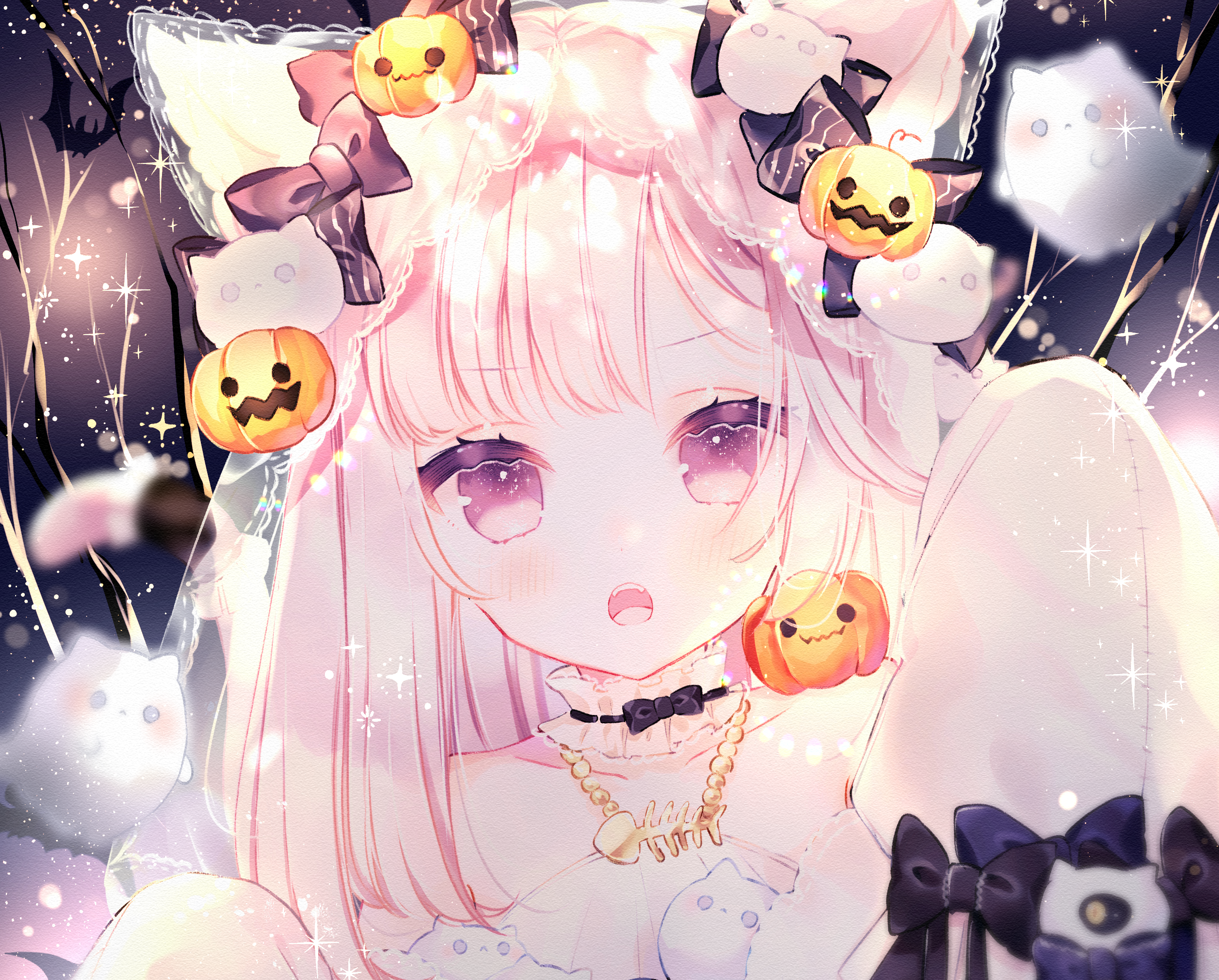 Anime girl with cat ears and Halloween decorations HD Wallpaper
