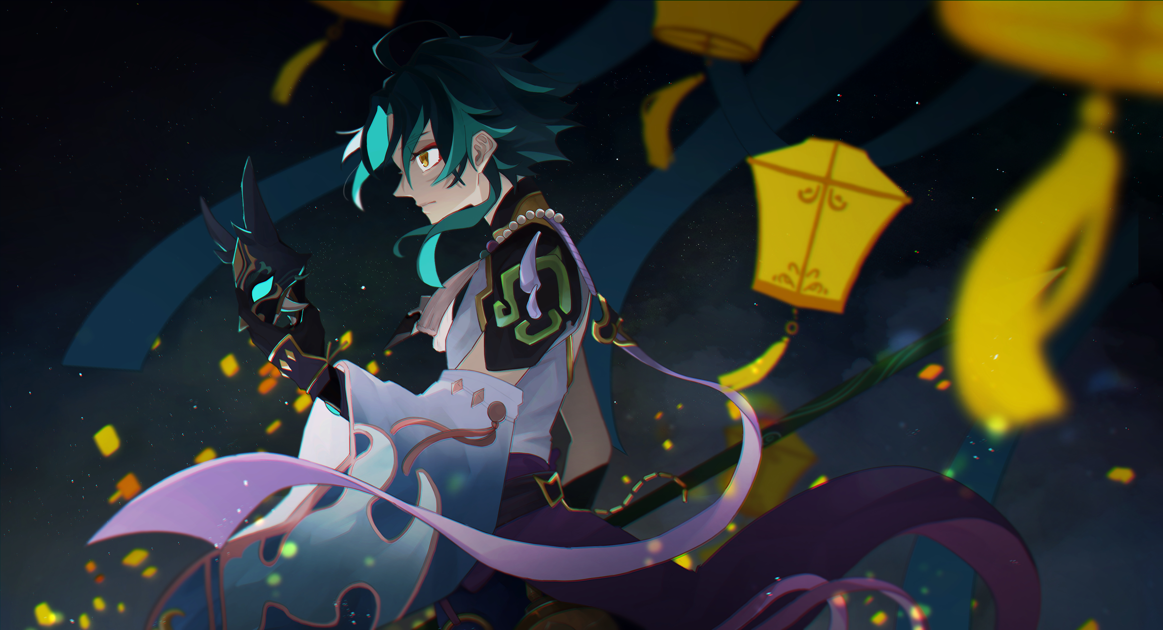 Xiao from Genshin Impact with lanterns HD Wallpaper