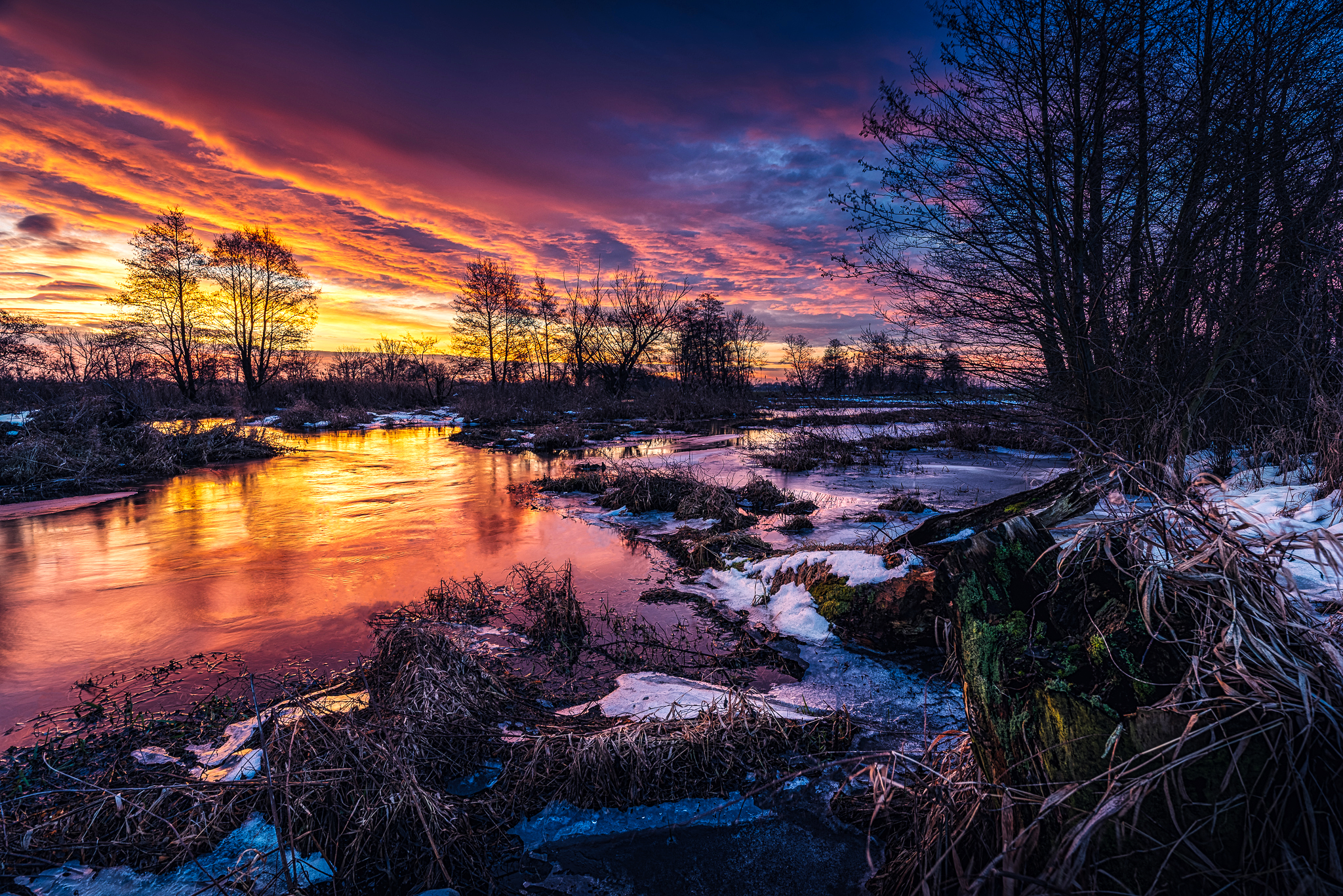 Sunset over a frozen river with trees HD Wallpaper
