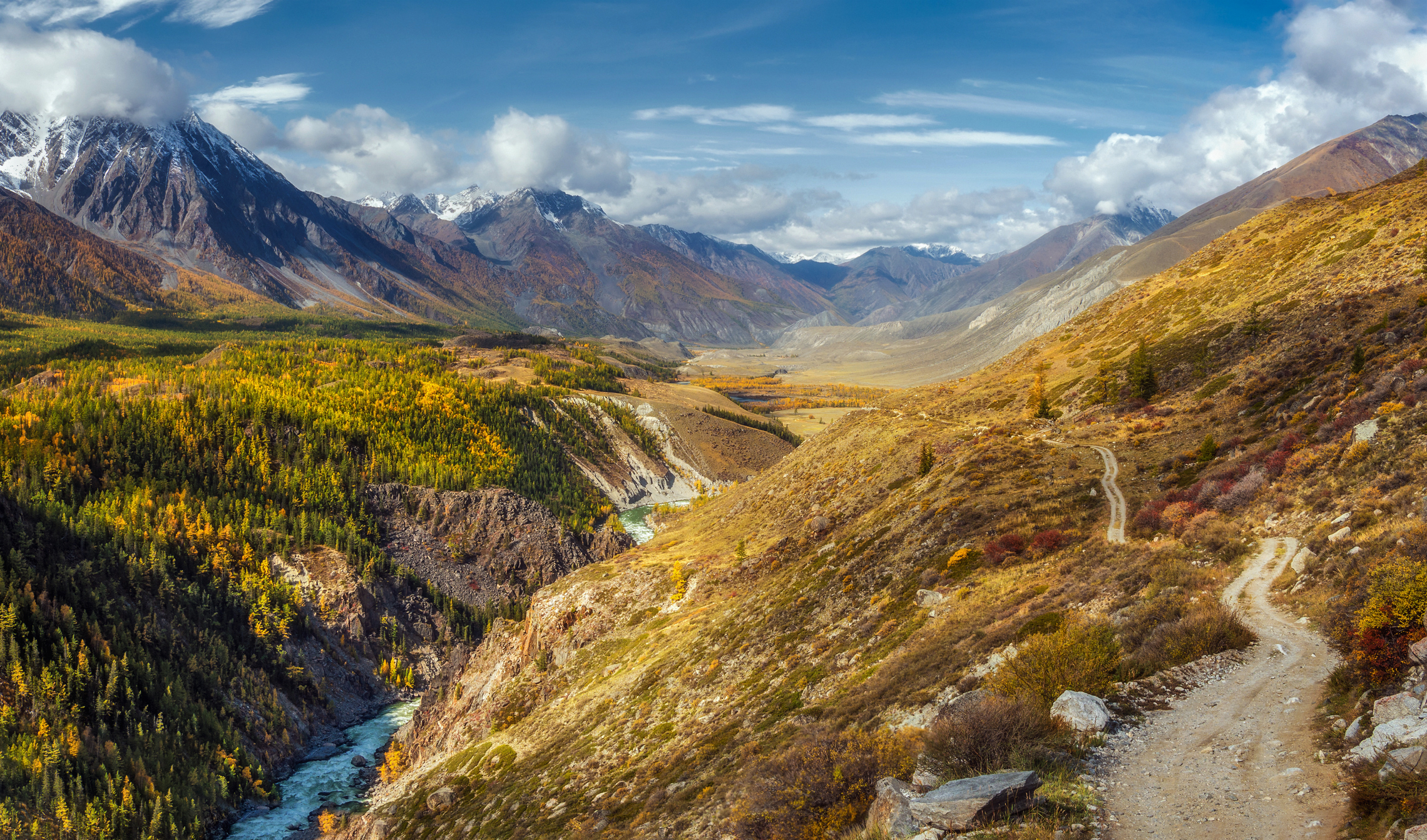 Mountain valley with autumn trees and a river HD Wallpaper