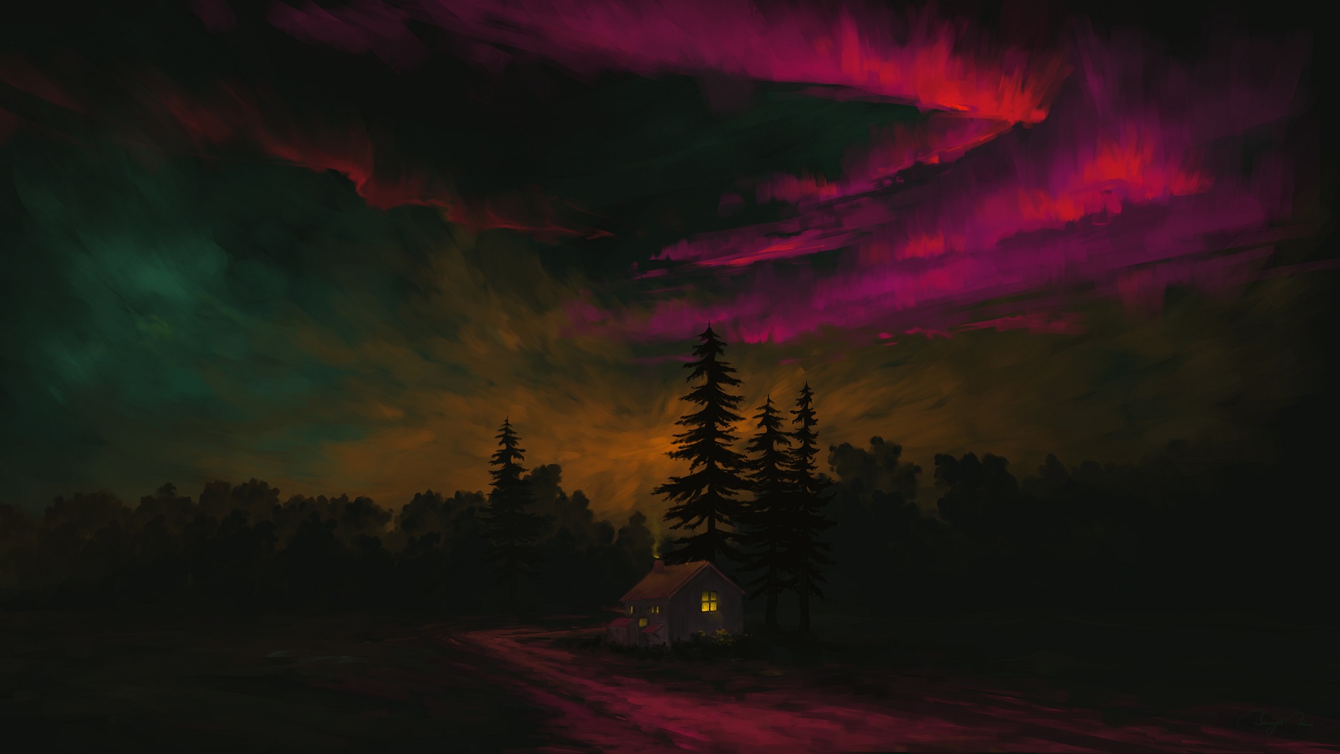 Cabin in the woods under a colorful night sky HD Wallpaper