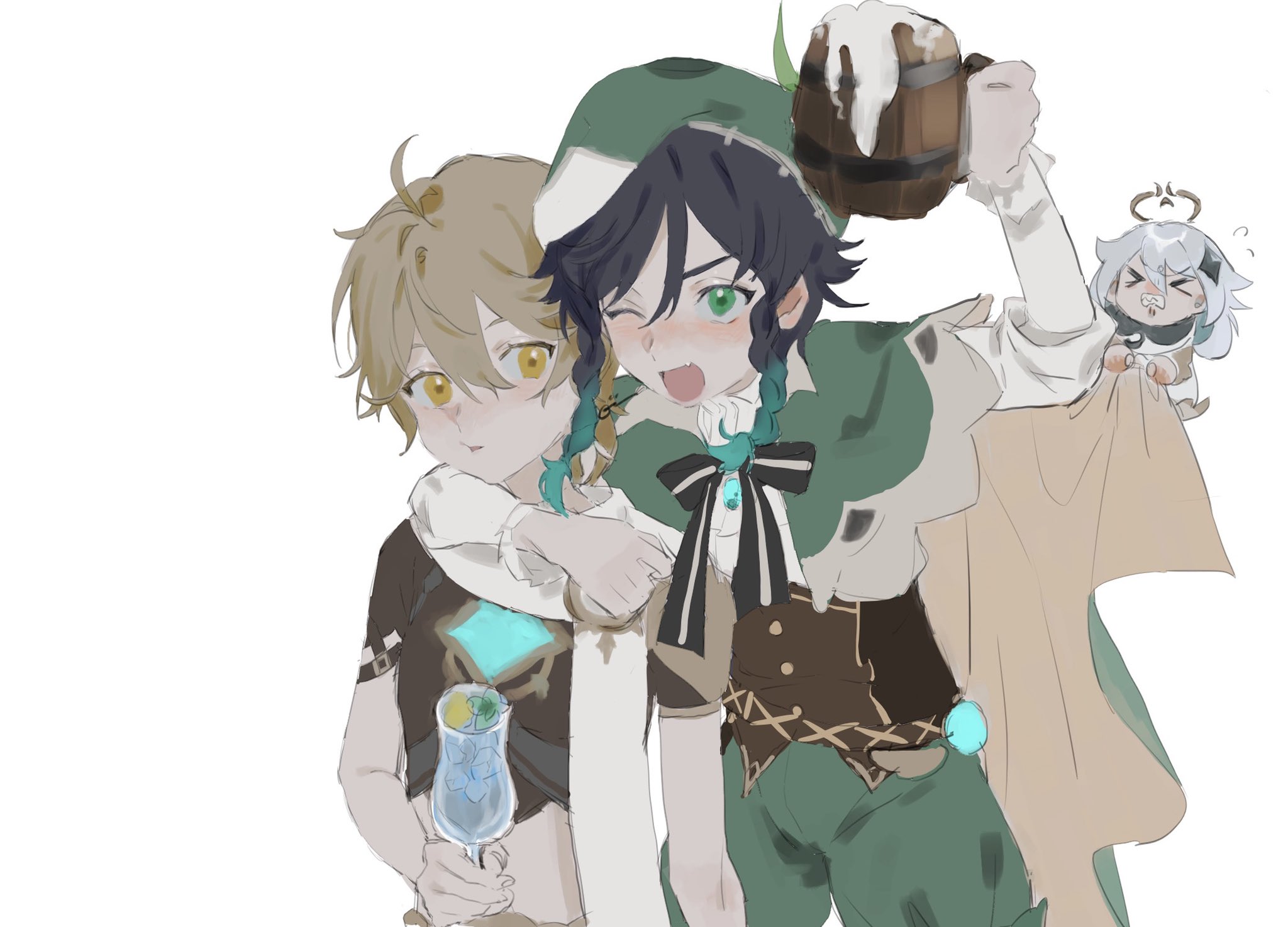 Aether and Venti from Genshin Impact with Paimon HD Wallpaper