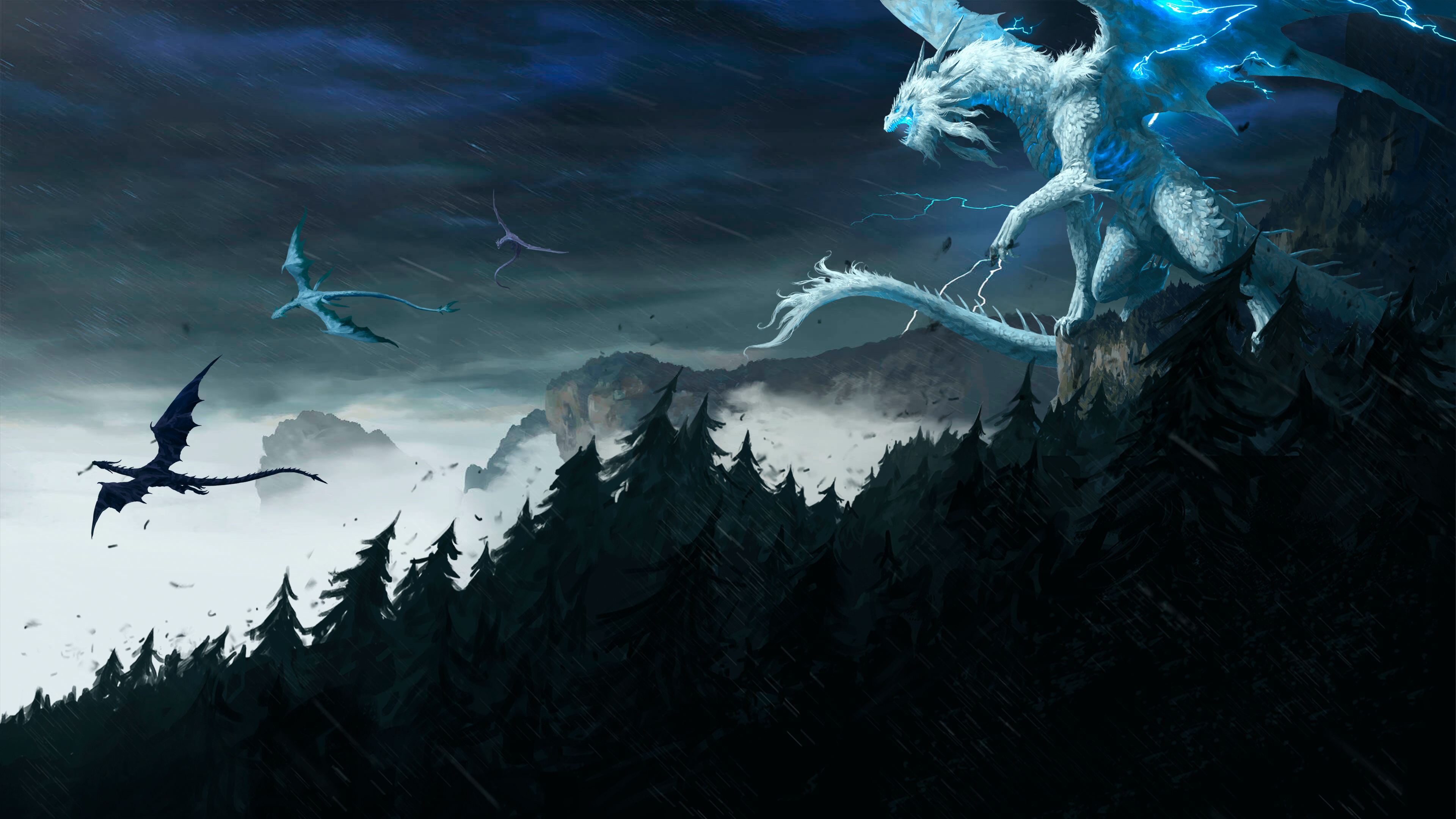Dragons in a stormy sky over a forest HD Wallpaper
