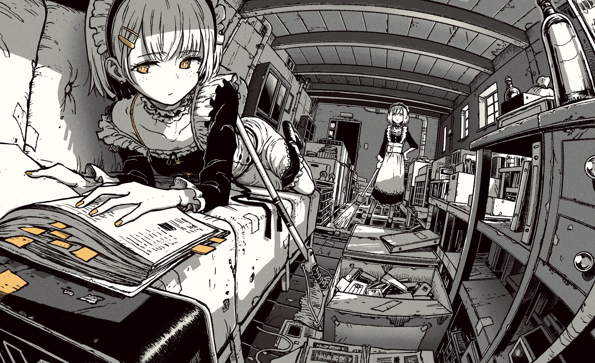Maid girl reading a book in a messy room HD Wallpaper
