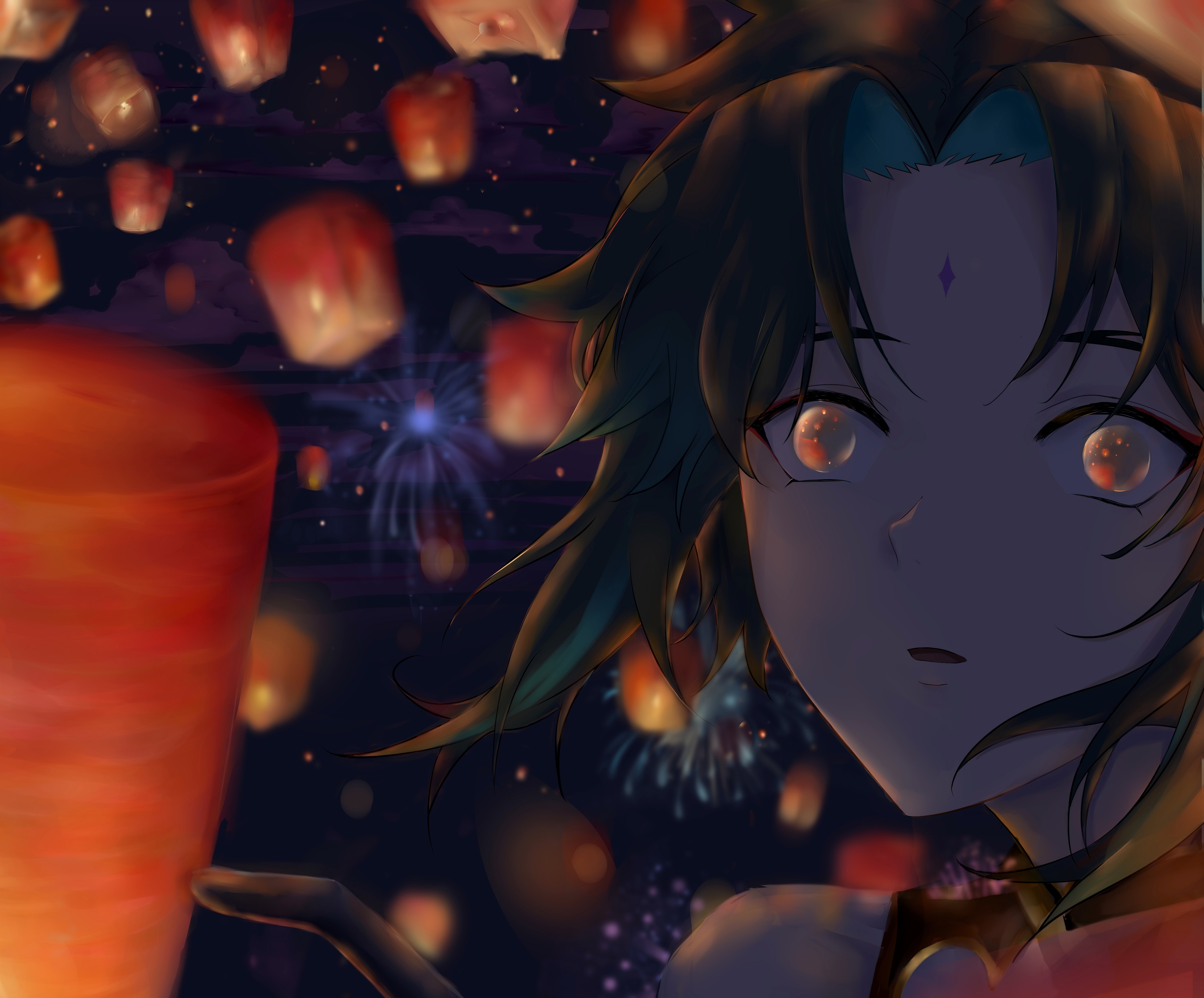 Xiao from Genshin Impact with lanterns HD Wallpaper