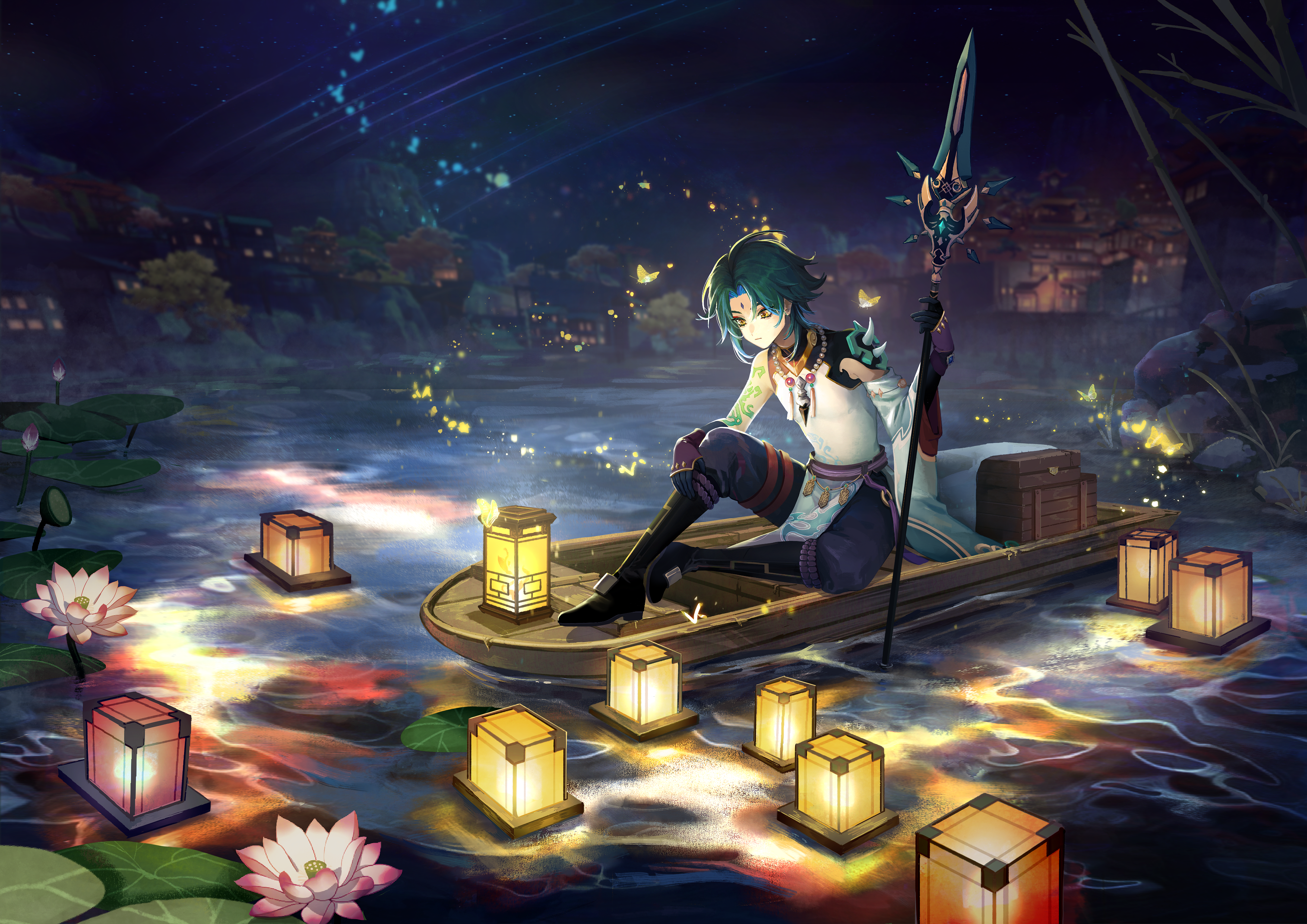 Xiao from Genshin Impact on a boat with lanterns HD Wallpaper
