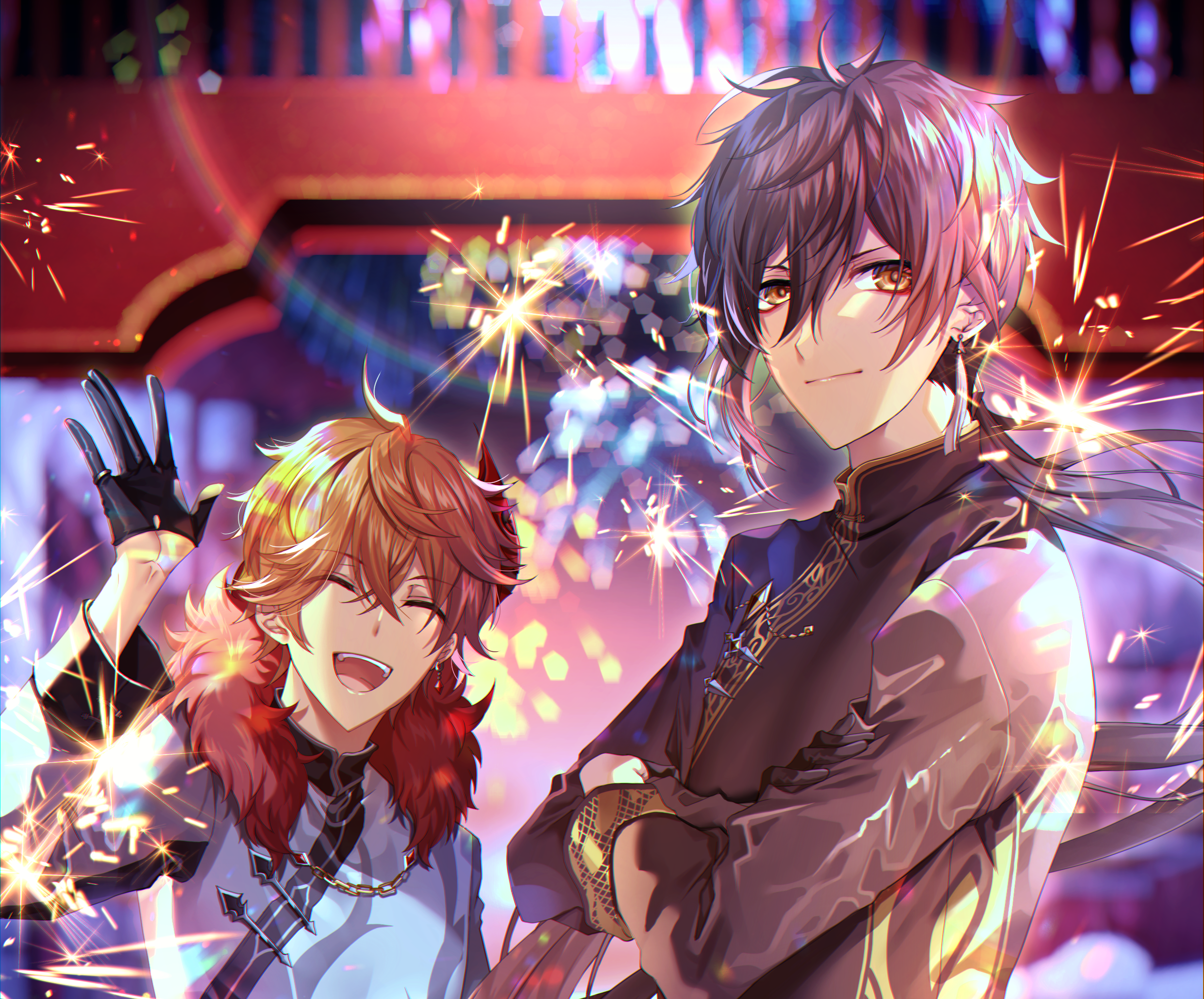 Zhongli and Tartaglia from Genshin Impact with fireworks HD Wallpaper