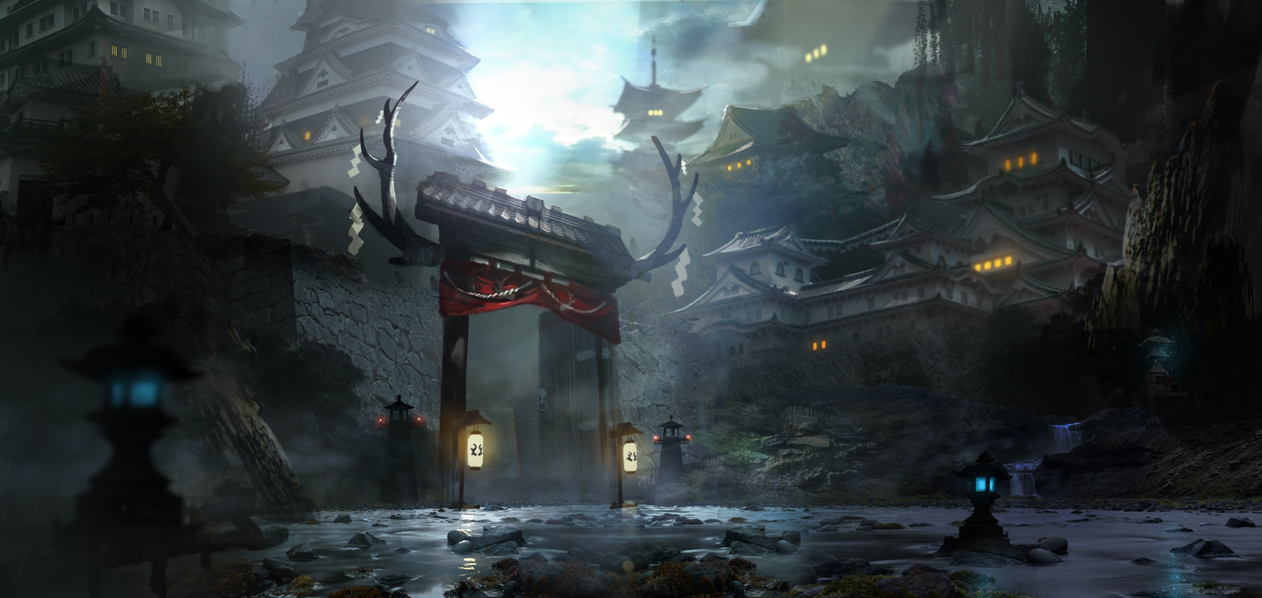 Japanese temple complex in a misty mountain landscape HD Wallpaper