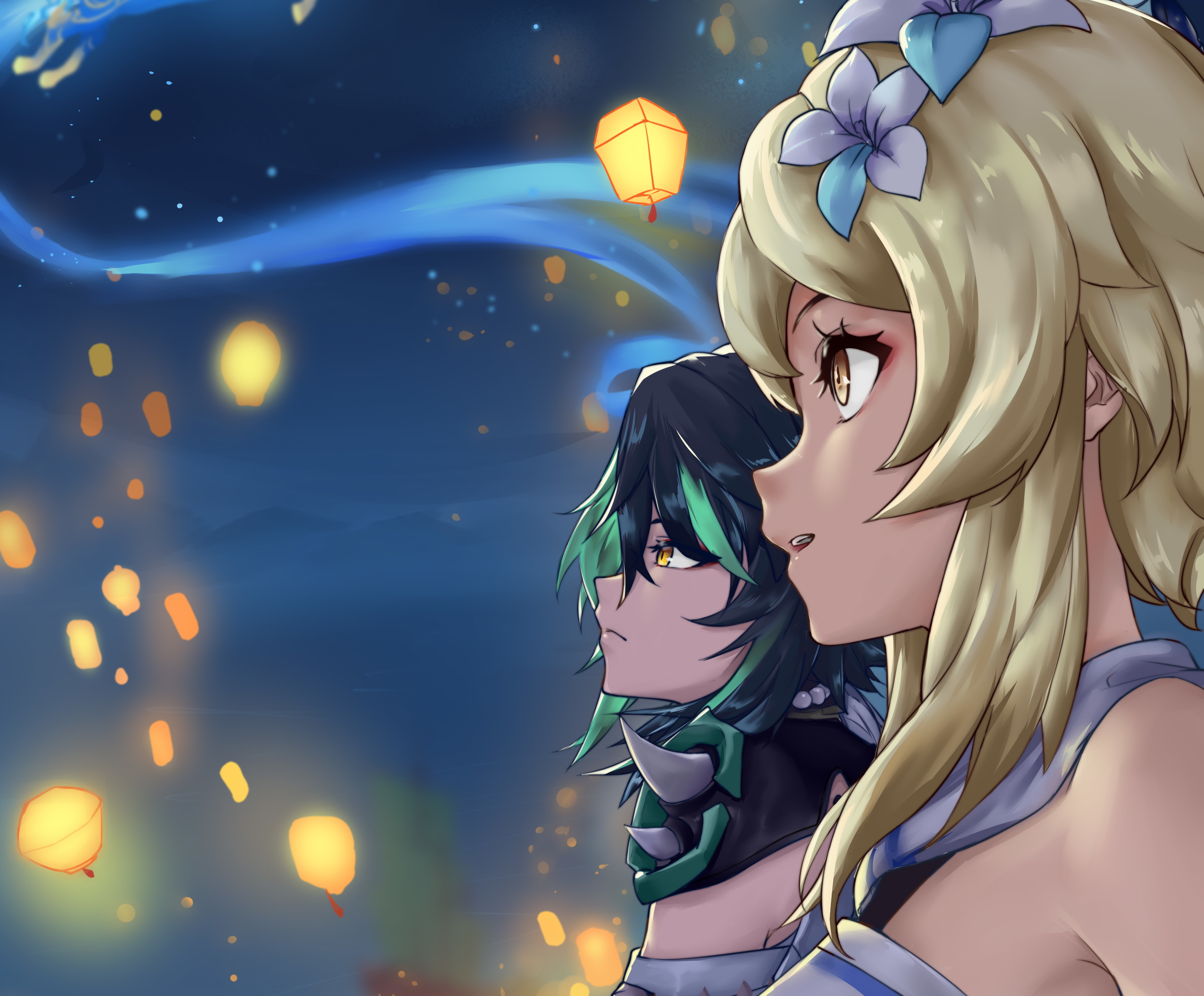 Lumine and Xiao from Genshin Impact watching lanterns HD Wallpaper