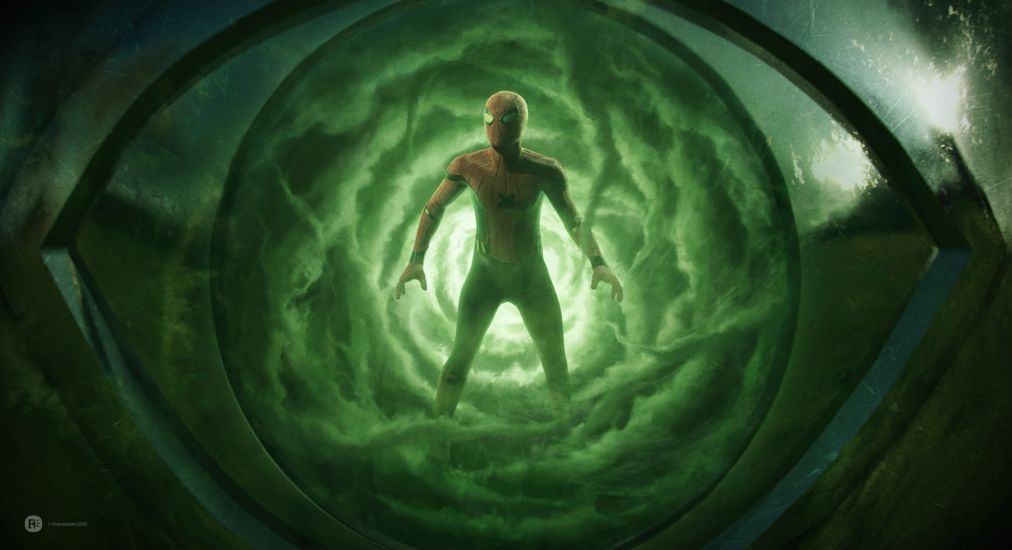 Spider-Man in a green portal HD Wallpaper