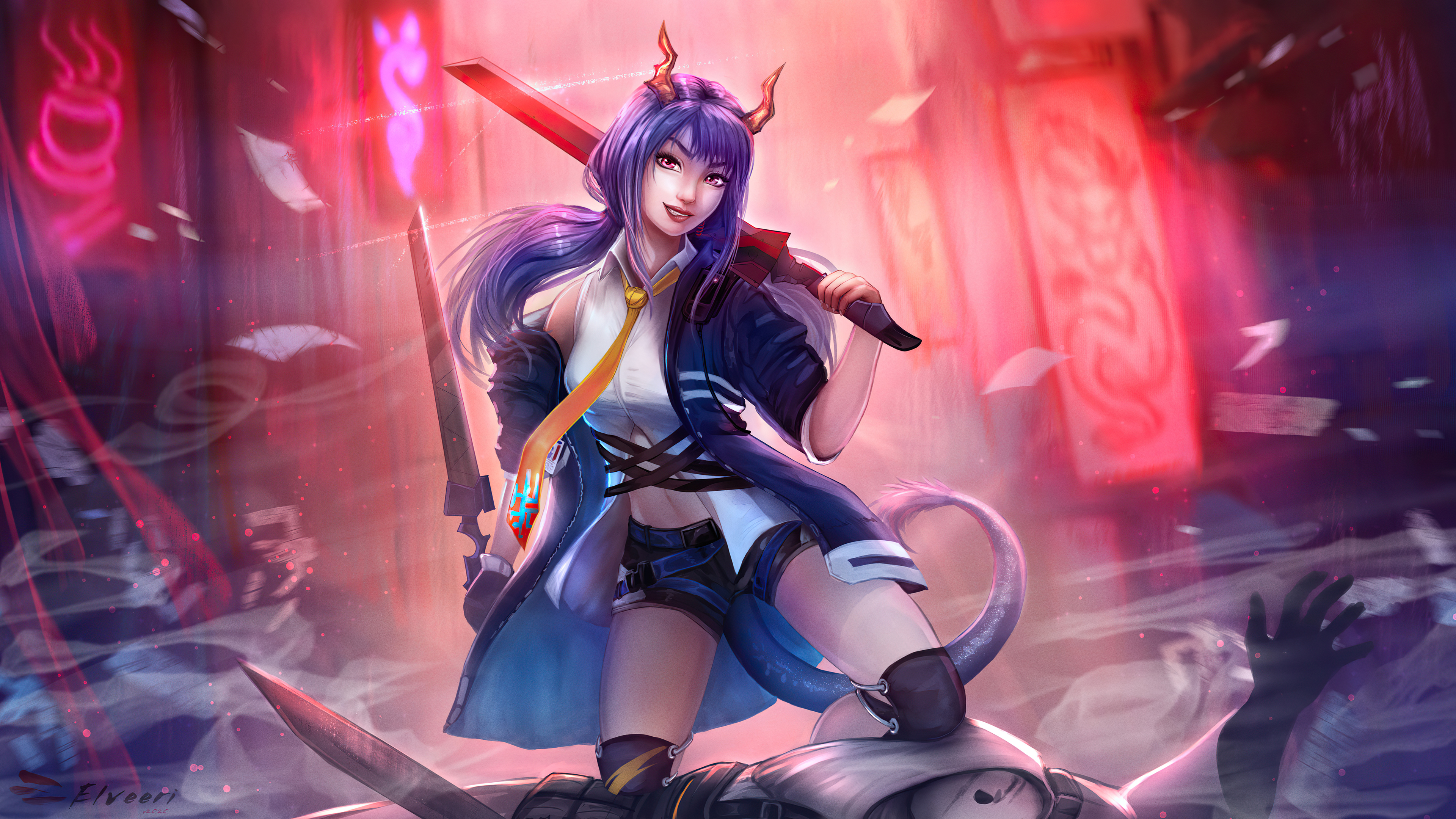 Chen from Arknights with Purple Hair and Sword 4K HD Wallpaper