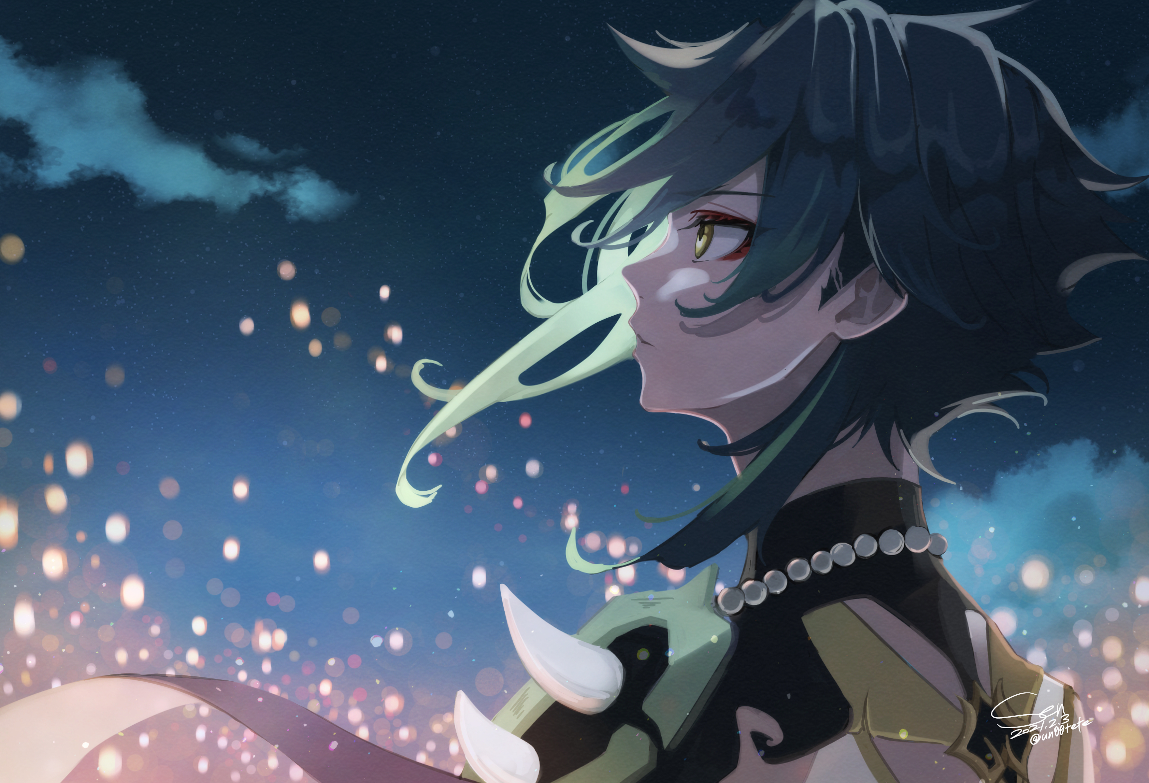 Xiao from Genshin Impact looking at lanterns HD Wallpaper