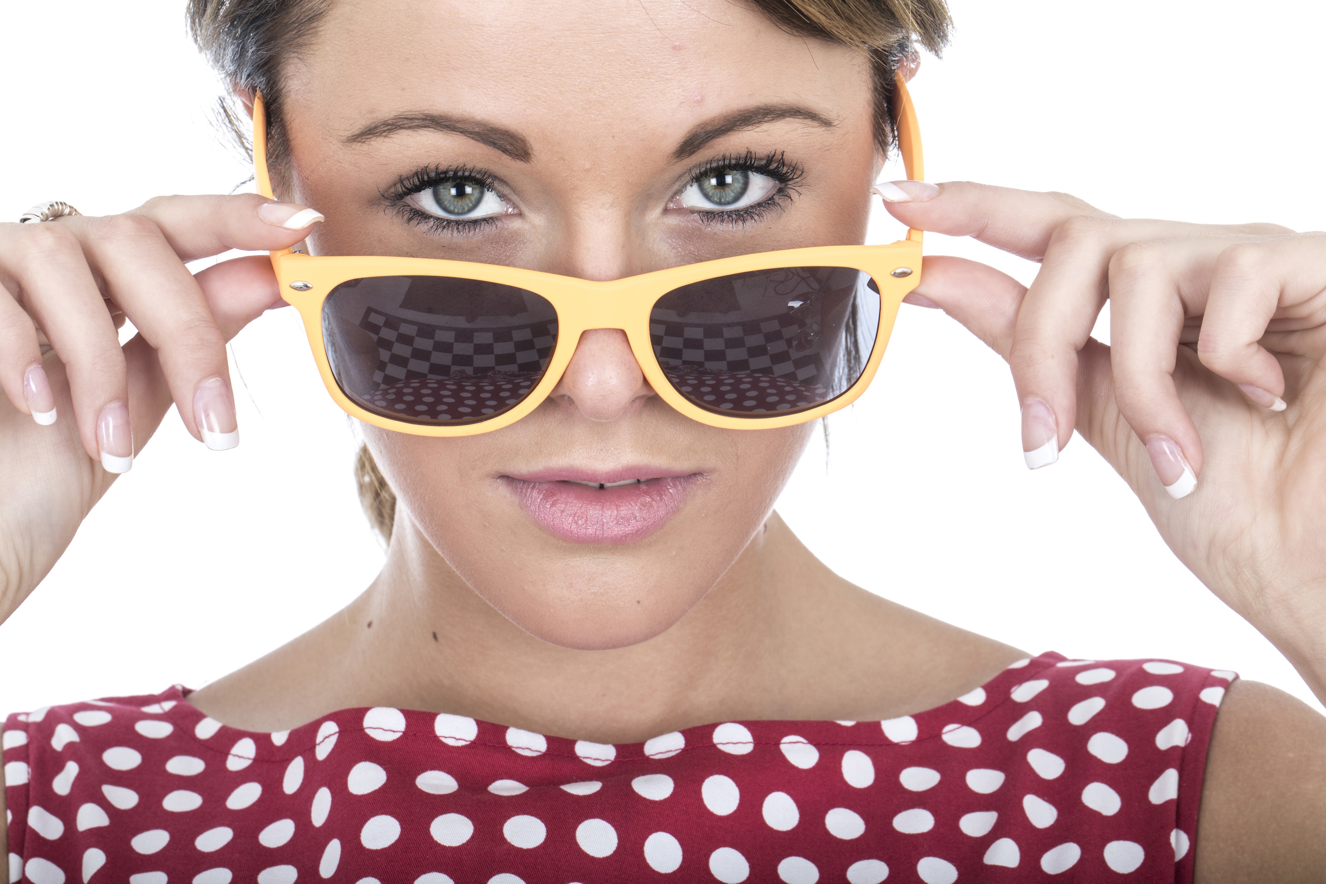 Woman with blue eyes wearing yellow sunglasses HD Wallpaper