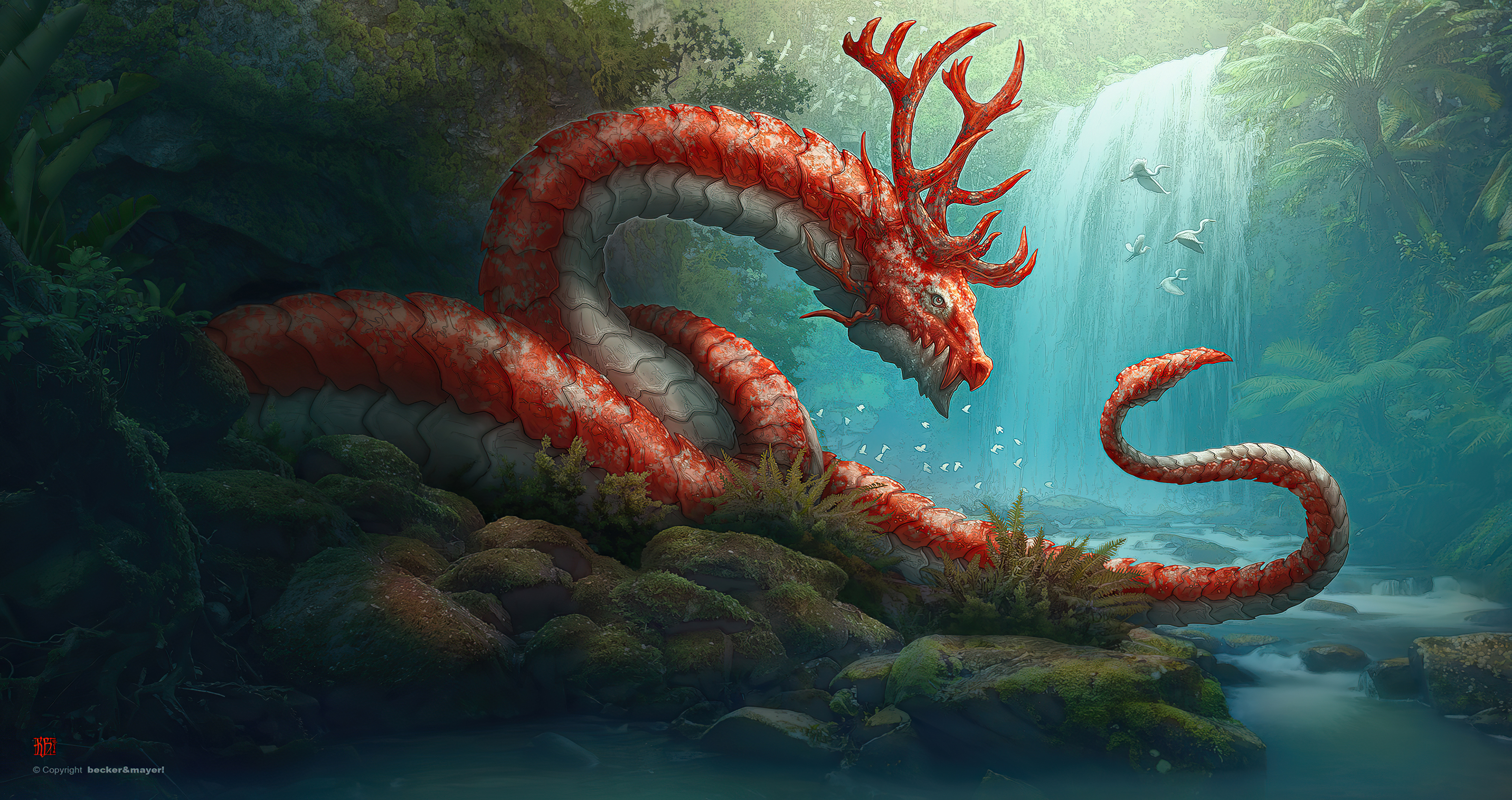 Red dragon with antlers by waterfall HD Wallpaper