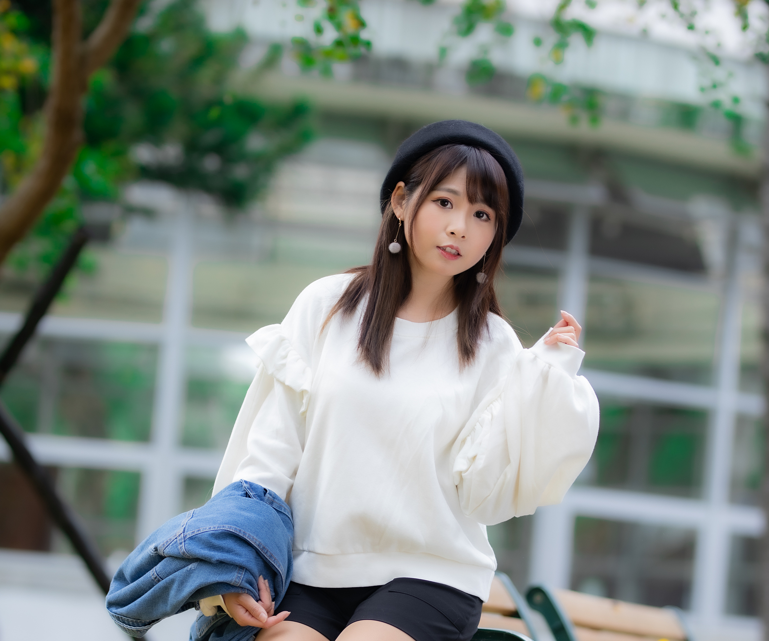 Asian woman wearing a beret and white sweater HD Wallpaper