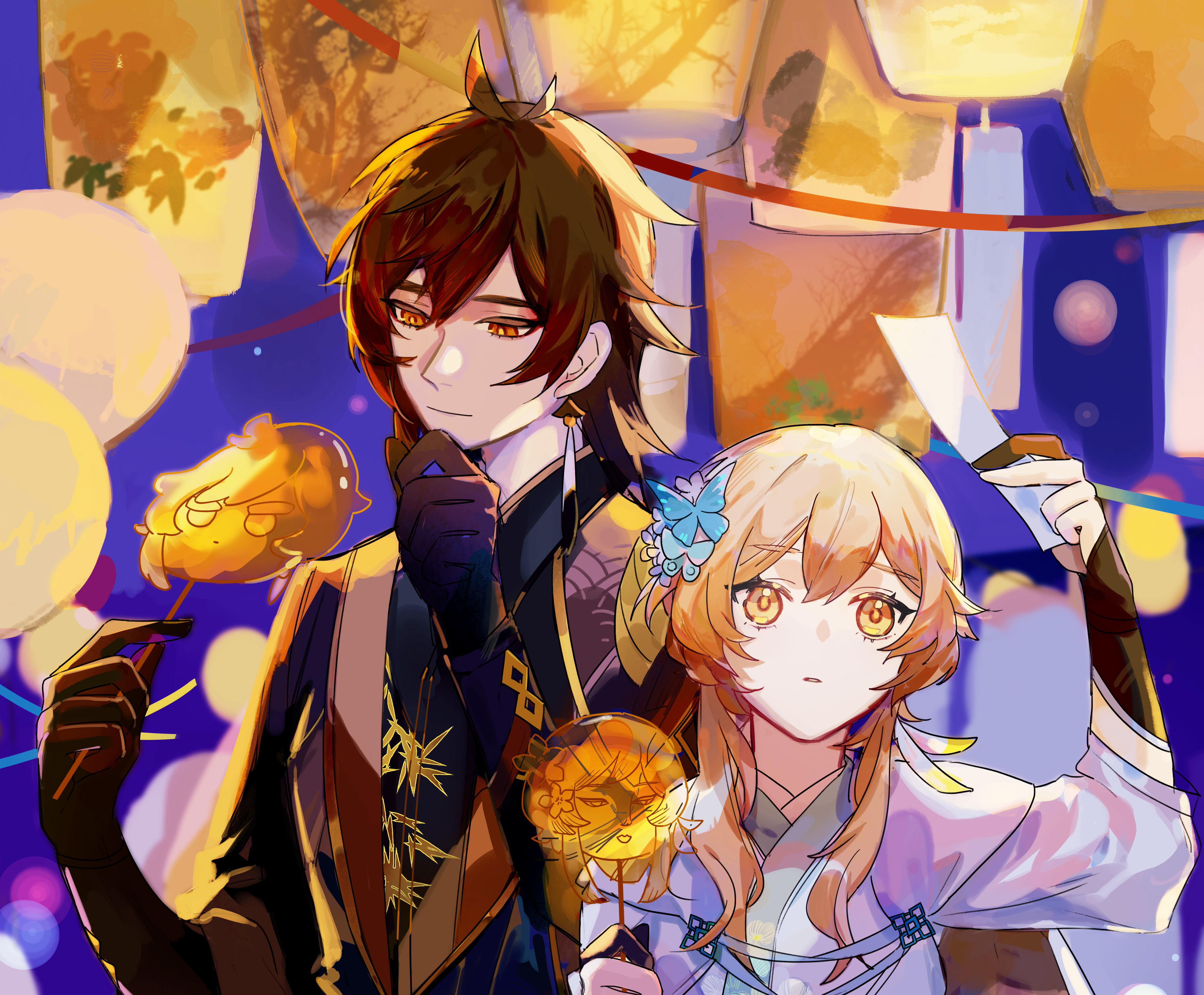 Zhongli and Lumine from Genshin Impact with lanterns HD Wallpaper