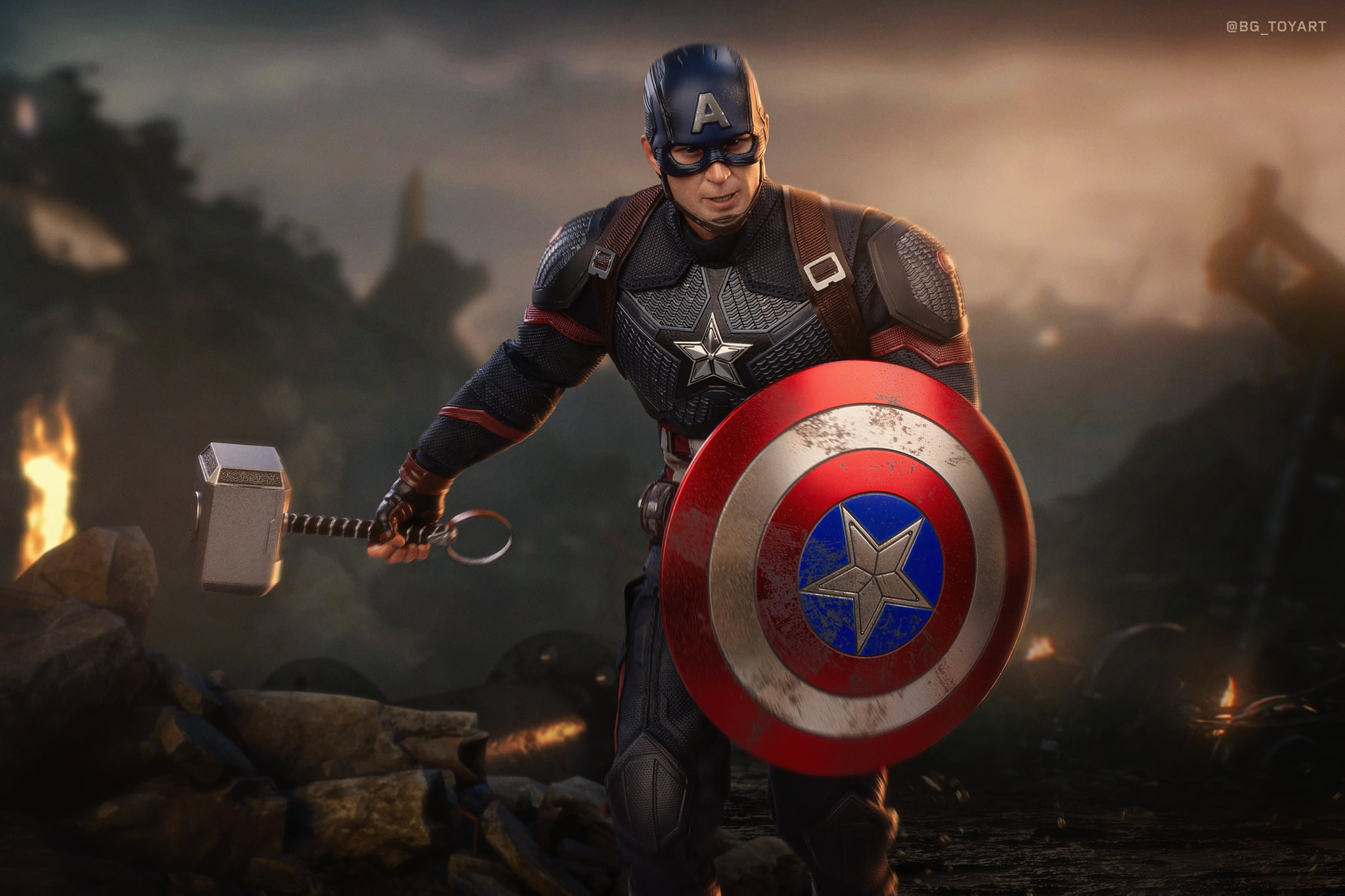 Captain America from Avengers 4 holding Mjolnir and shield HD Wallpaper