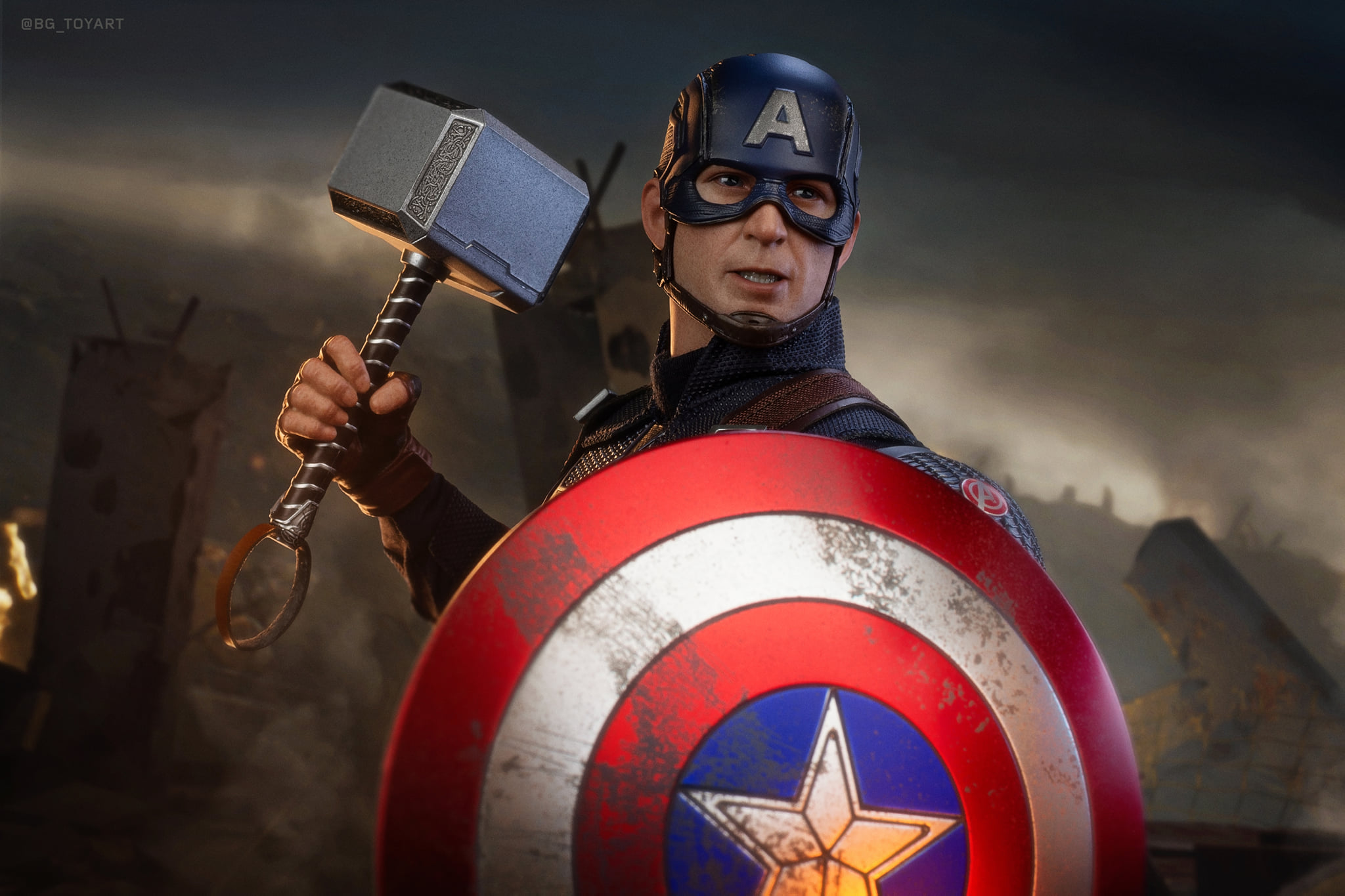 Captain America with Shield and Mjolnir HD Wallpaper