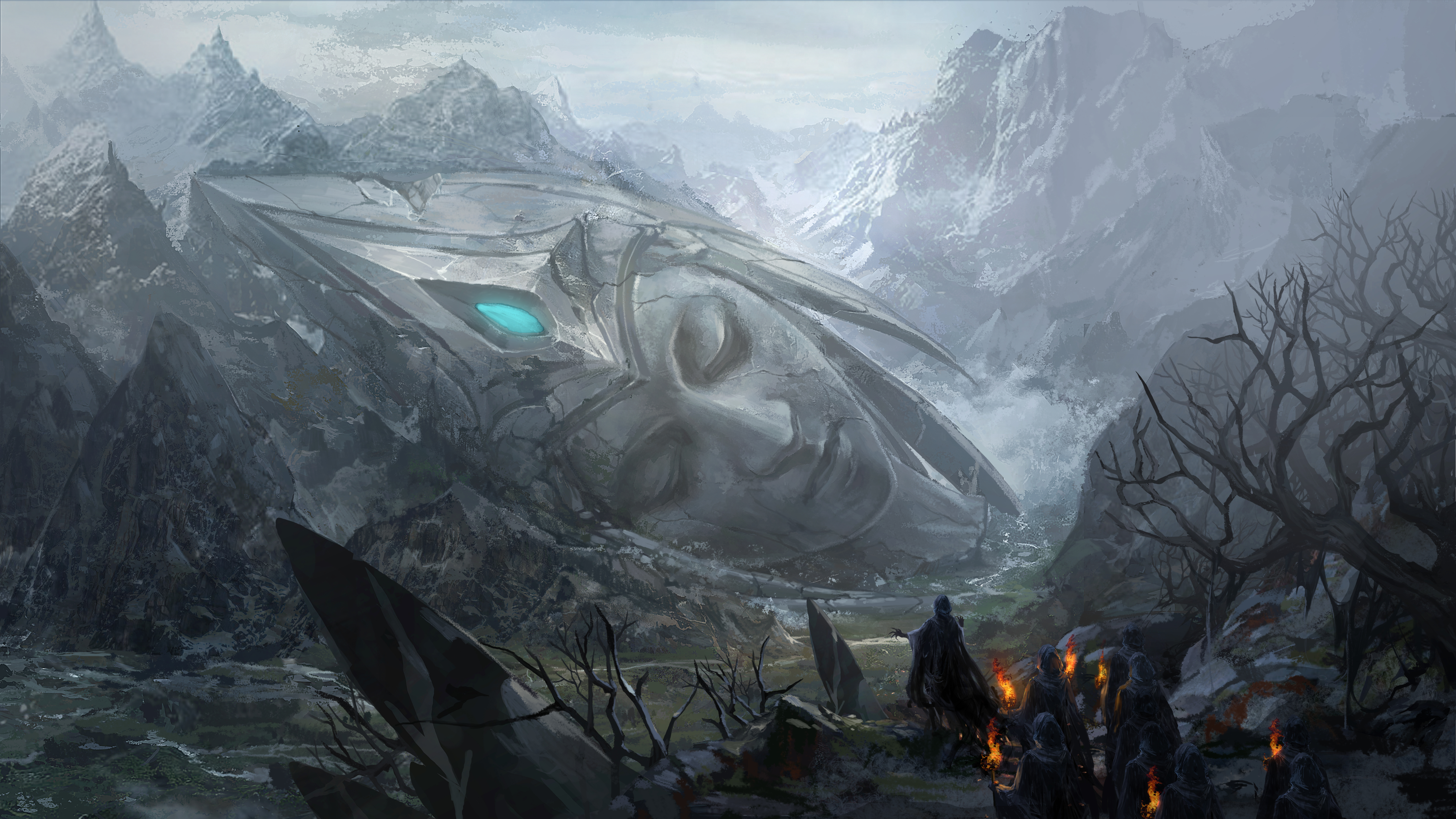 Giant Fallen Statue Head in Snowy Mountains HD Wallpaper
