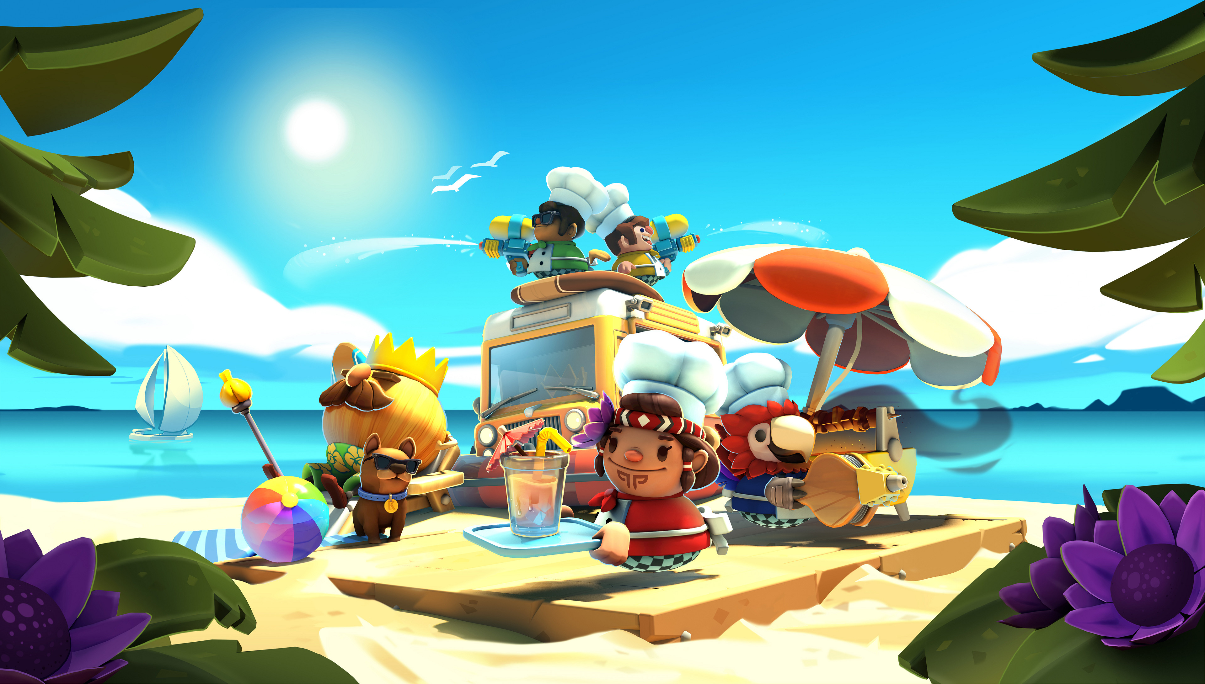 Overcooked 2 characters on a beach with a van HD Wallpaper