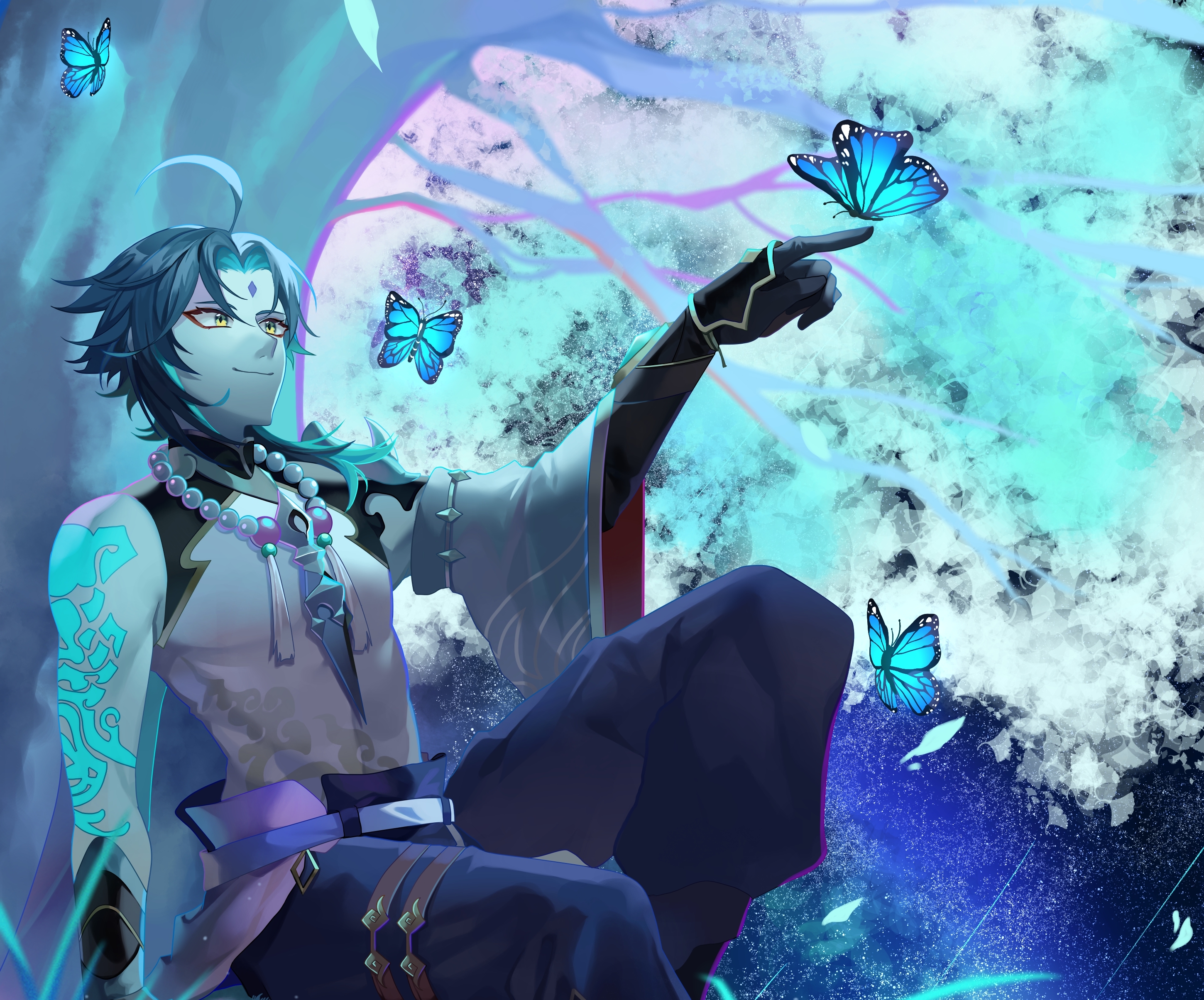 Xiao from Genshin Impact with butterflies HD Wallpaper
