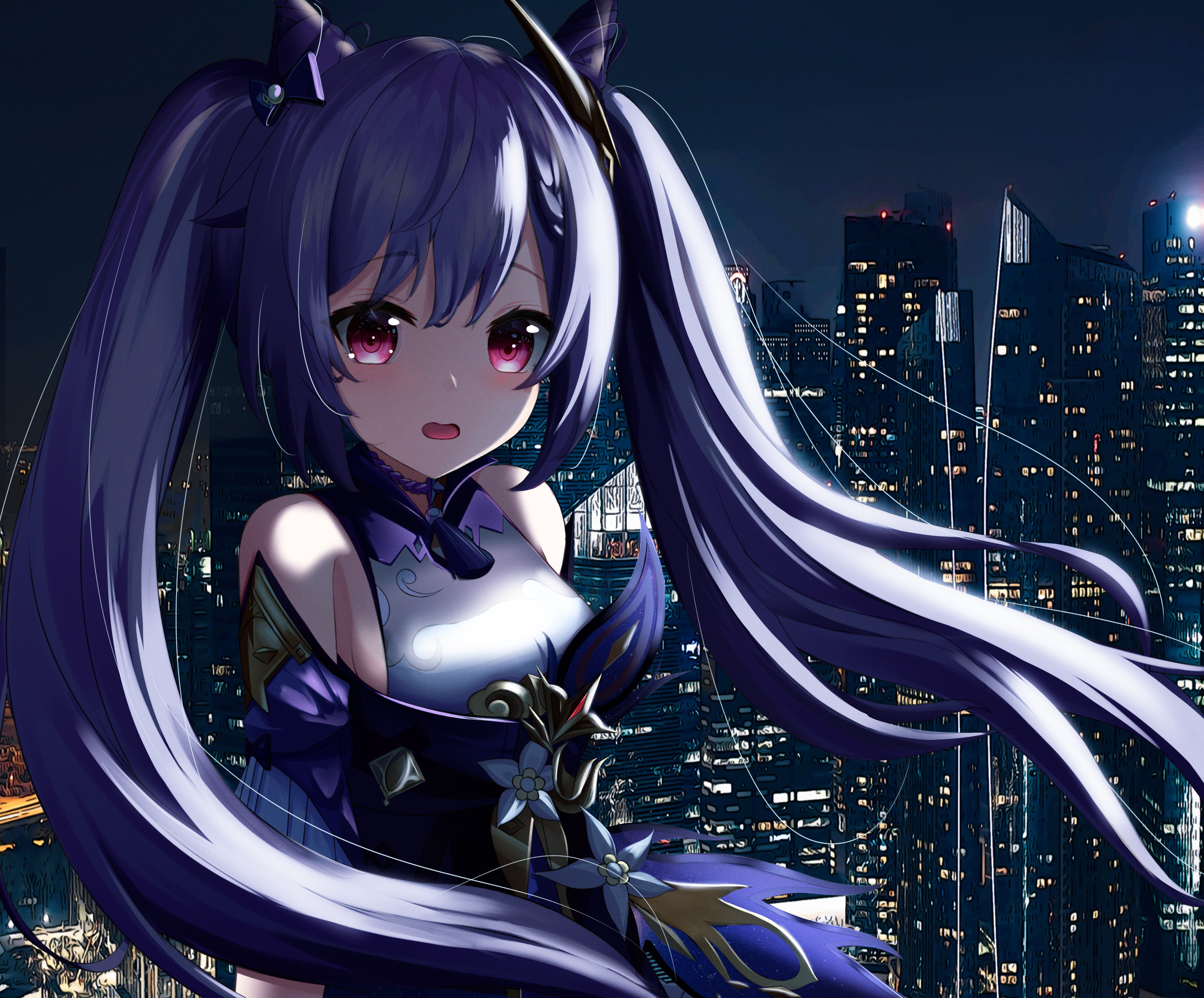 Keqing from Genshin Impact in a city at night HD Wallpaper