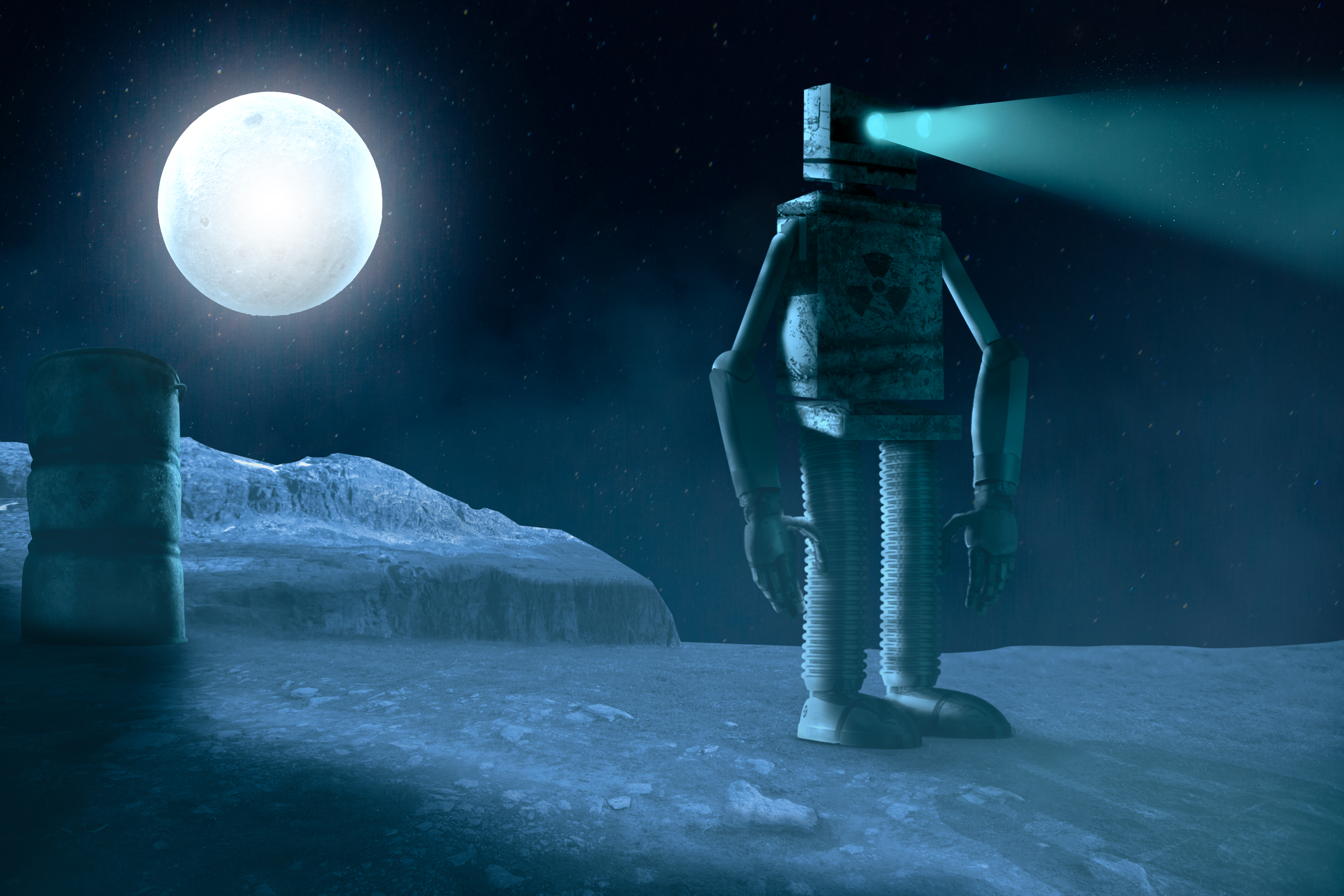 Robot with a spotlight on the moon HD Wallpaper