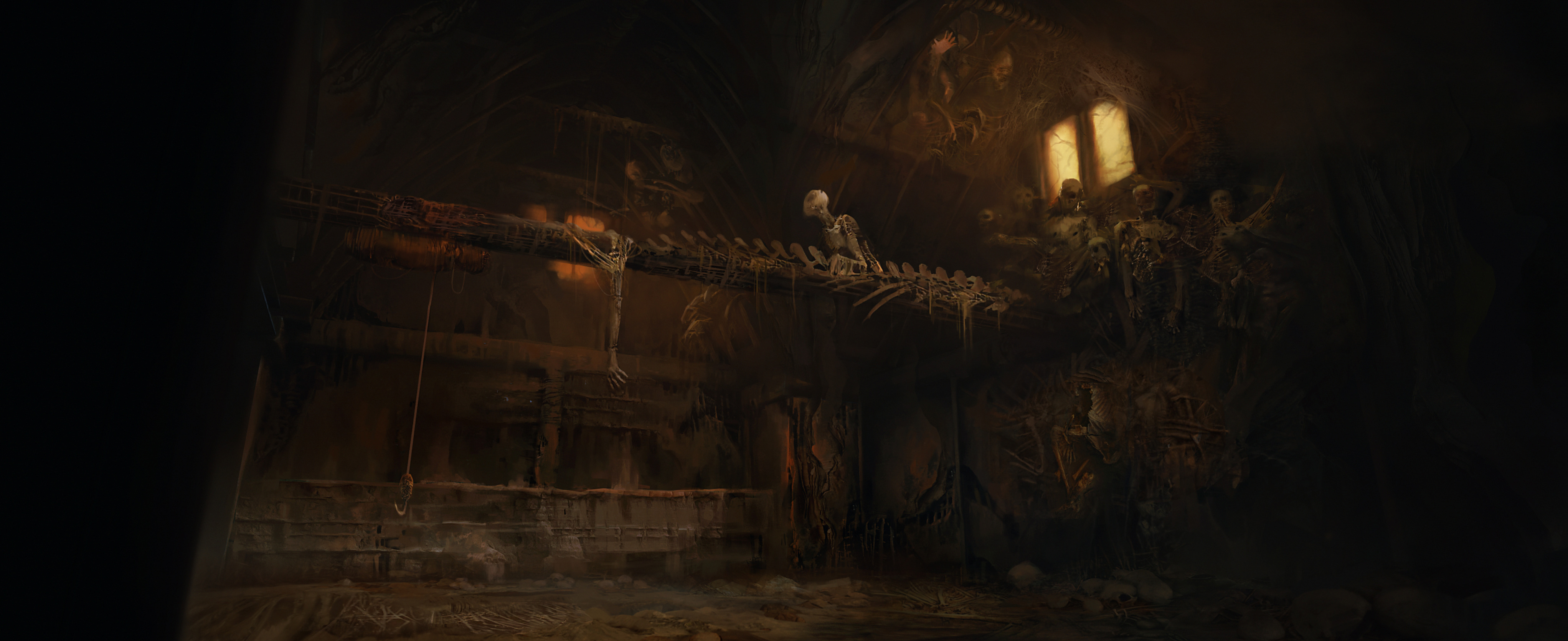Skeletons in a dark, eerie room HD Wallpaper