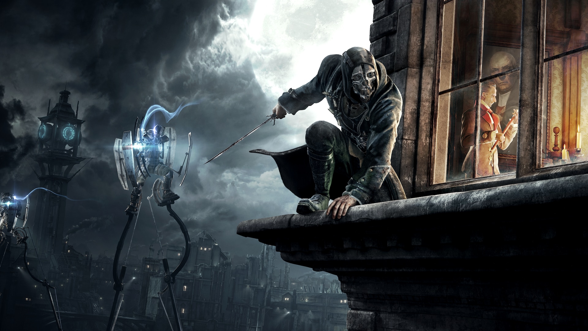 Corvo Attano from Dishonored crouches on a rooftop HD Wallpaper