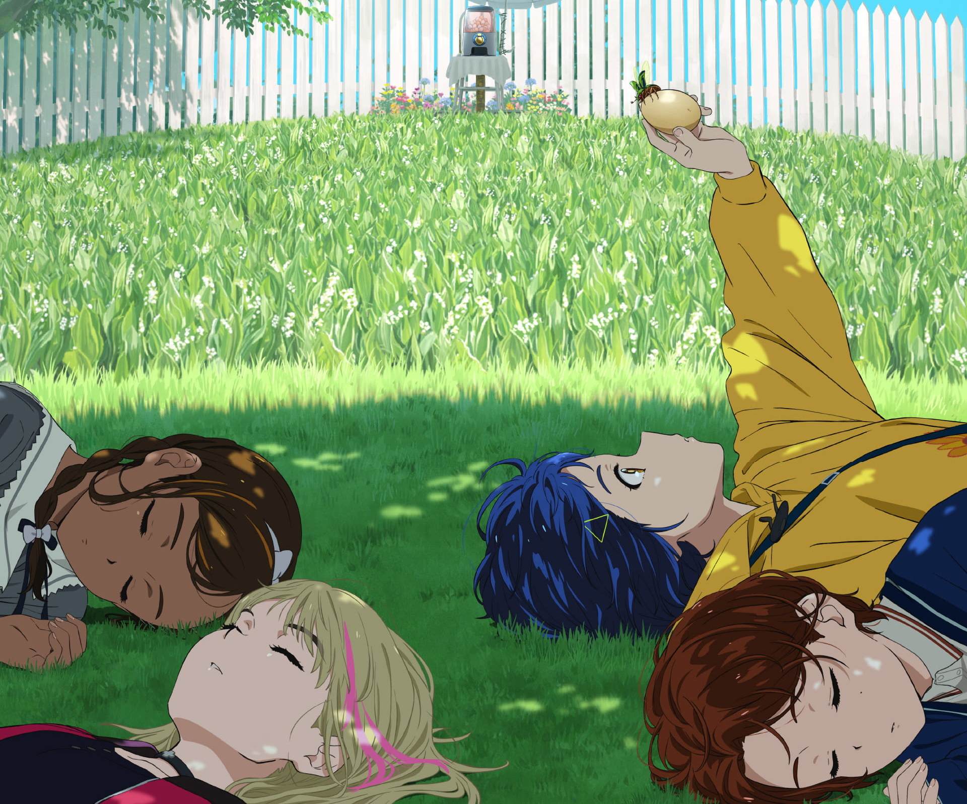 Wonder Egg Priority characters lying in a grassy field HD Wallpaper