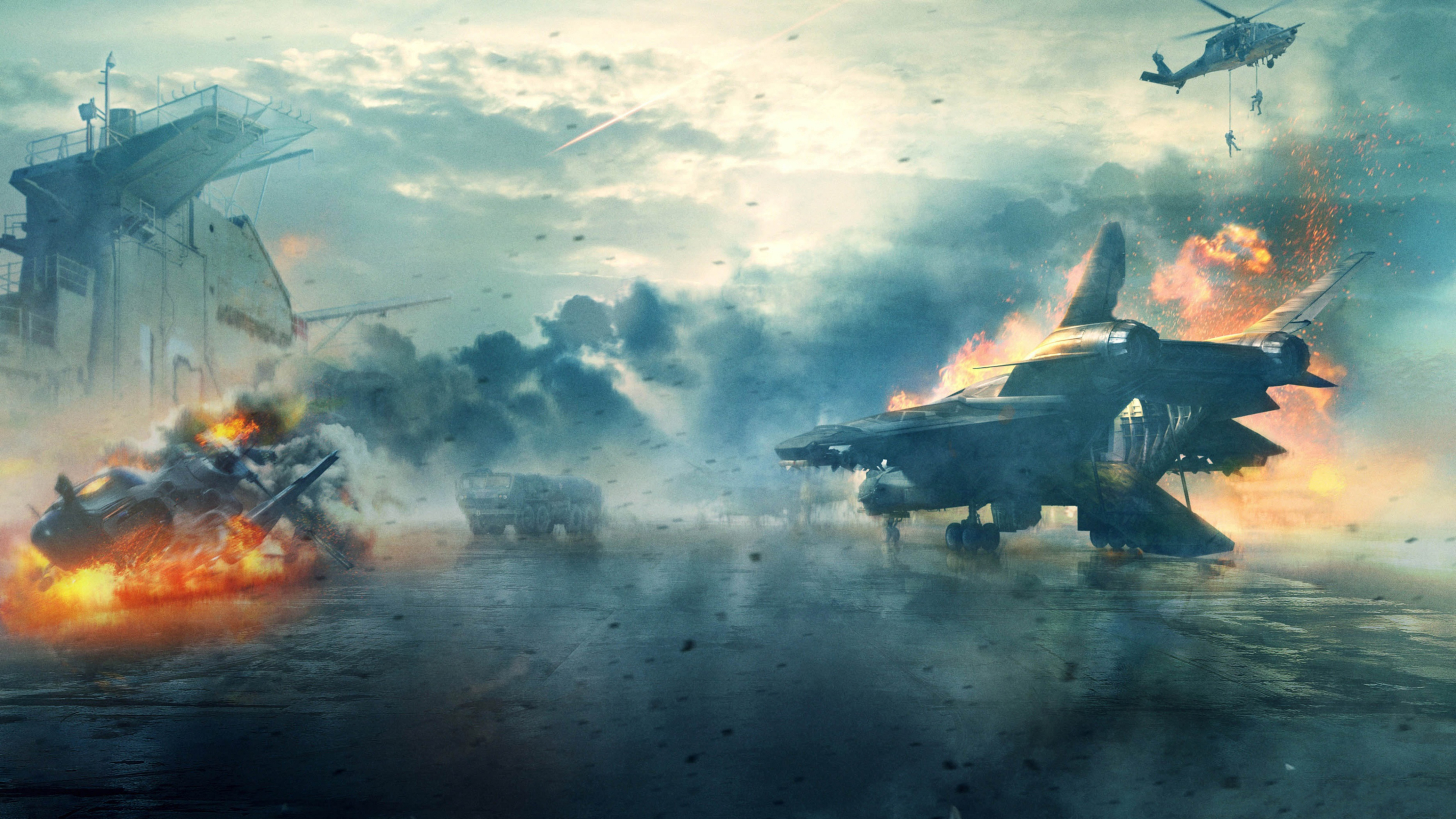 Military Aircraft and Carrier in Flames HD Wallpaper