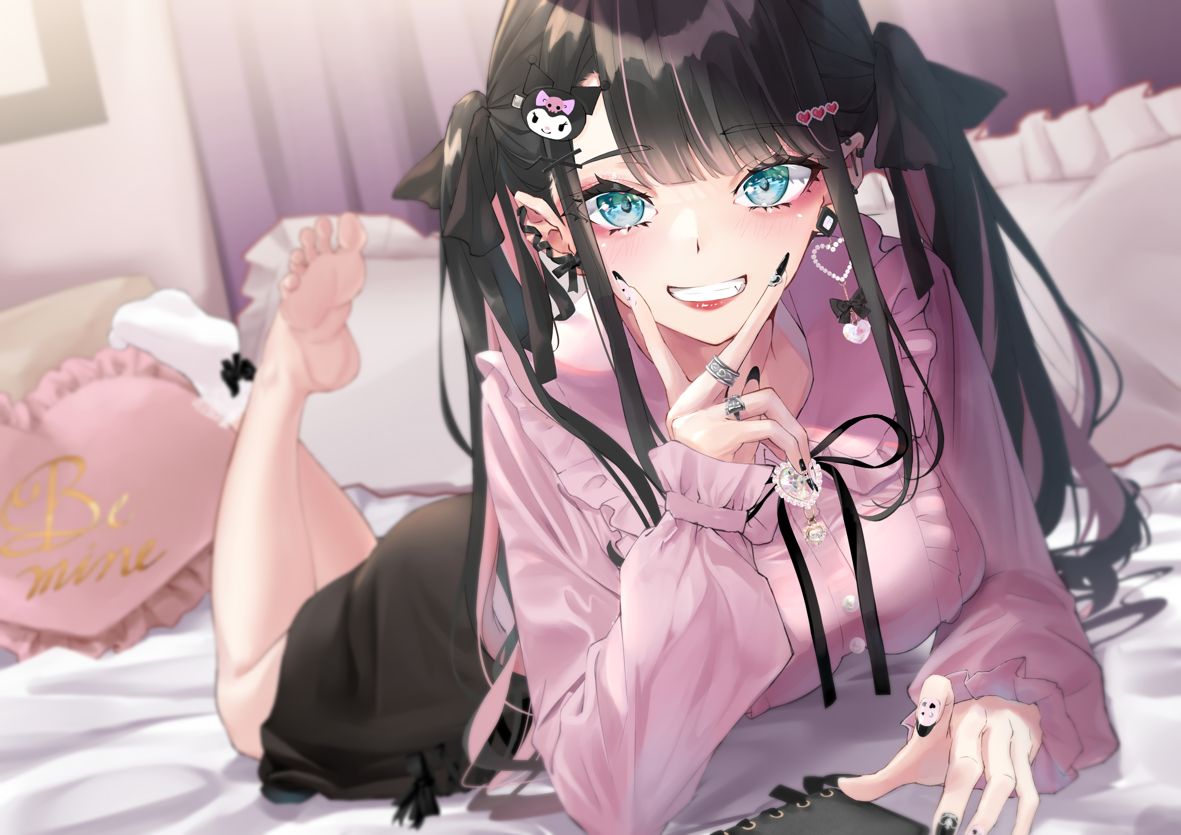 Anime girl with black hair and aqua eyes on bed HD Wallpaper