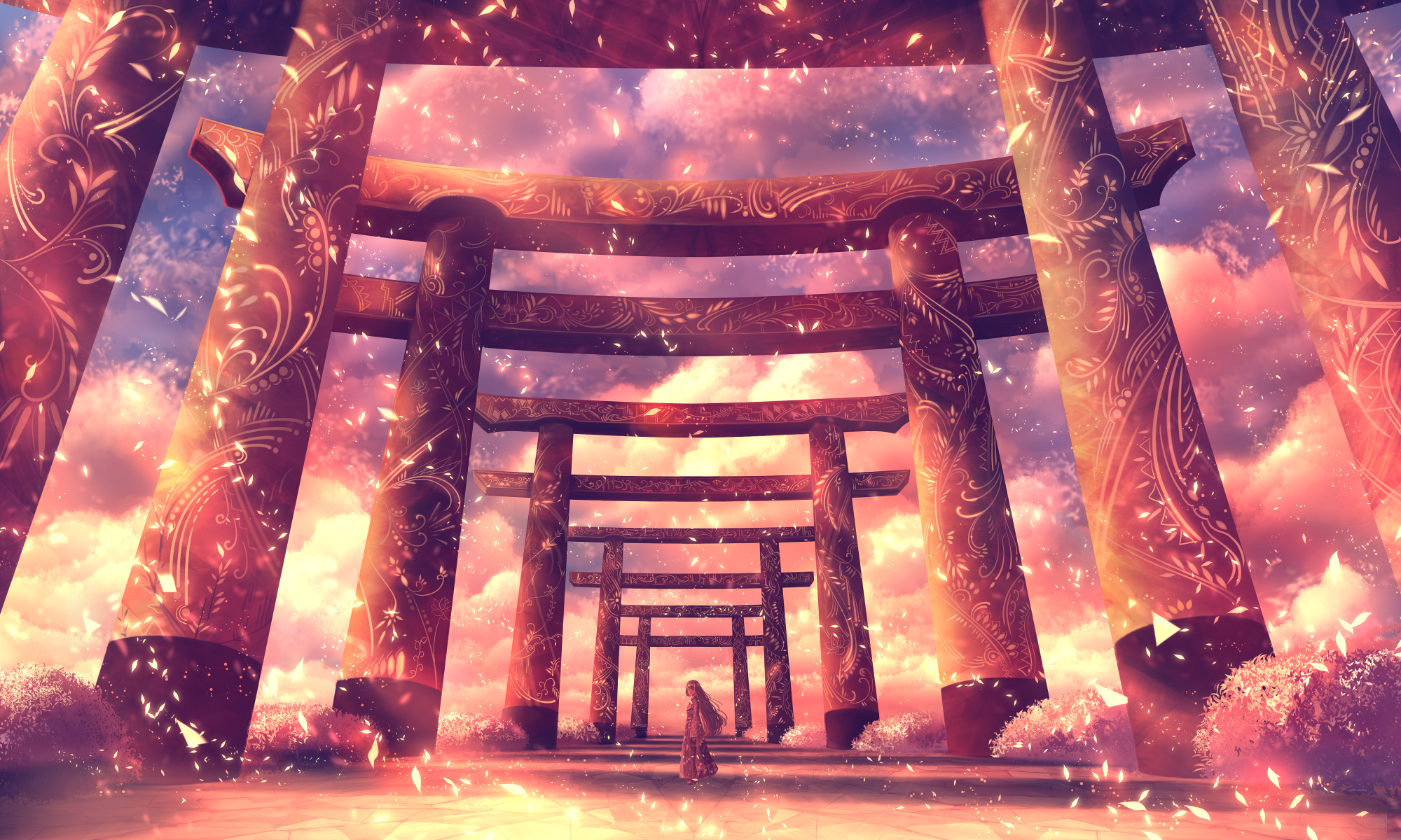Girl in Kimono walking through Torii gates at sunset HD Wallpaper