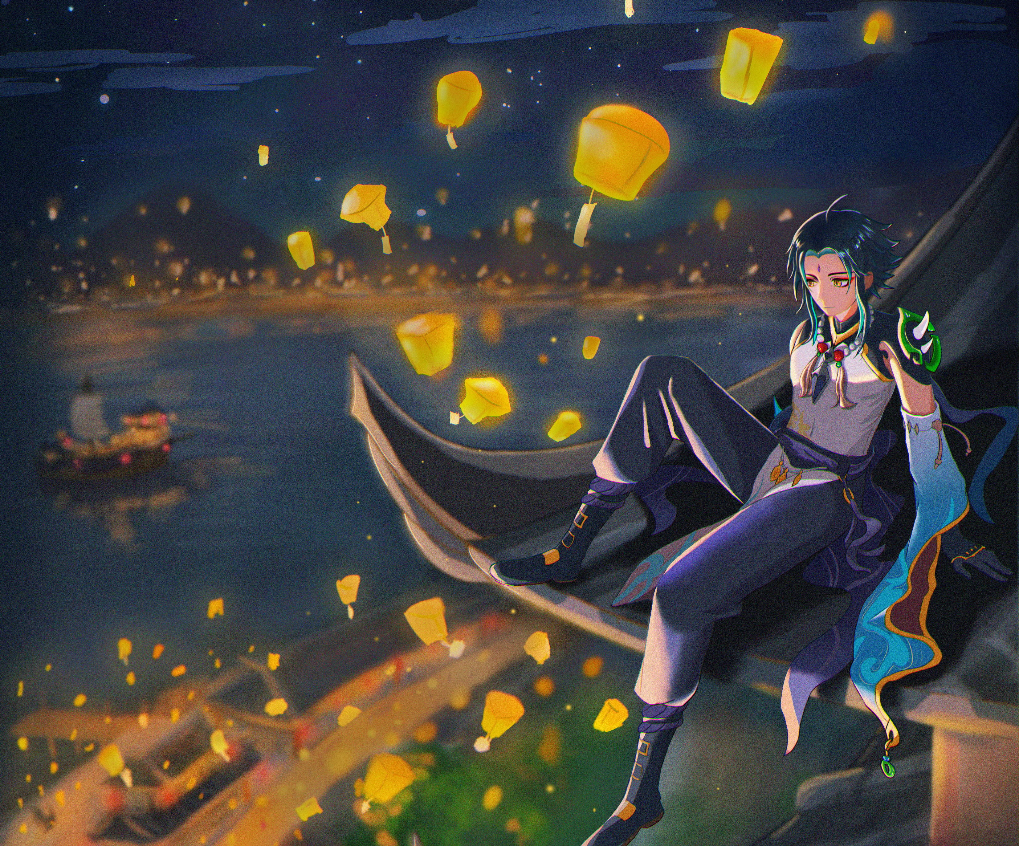 Xiao from Genshin Impact sitting on a roof with lanterns HD Wallpaper