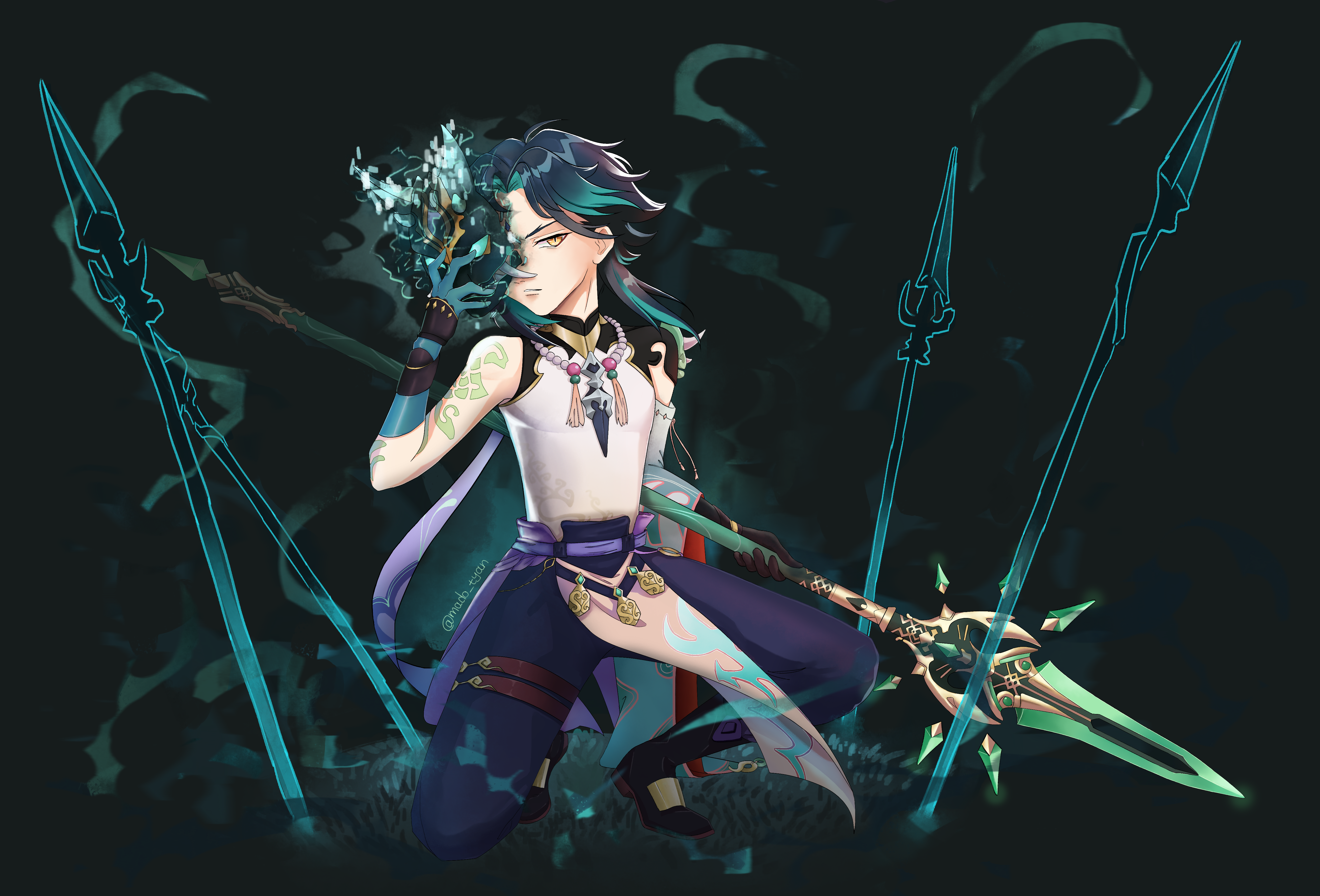 Xiao from Genshin Impact with mask and spears HD Wallpaper
