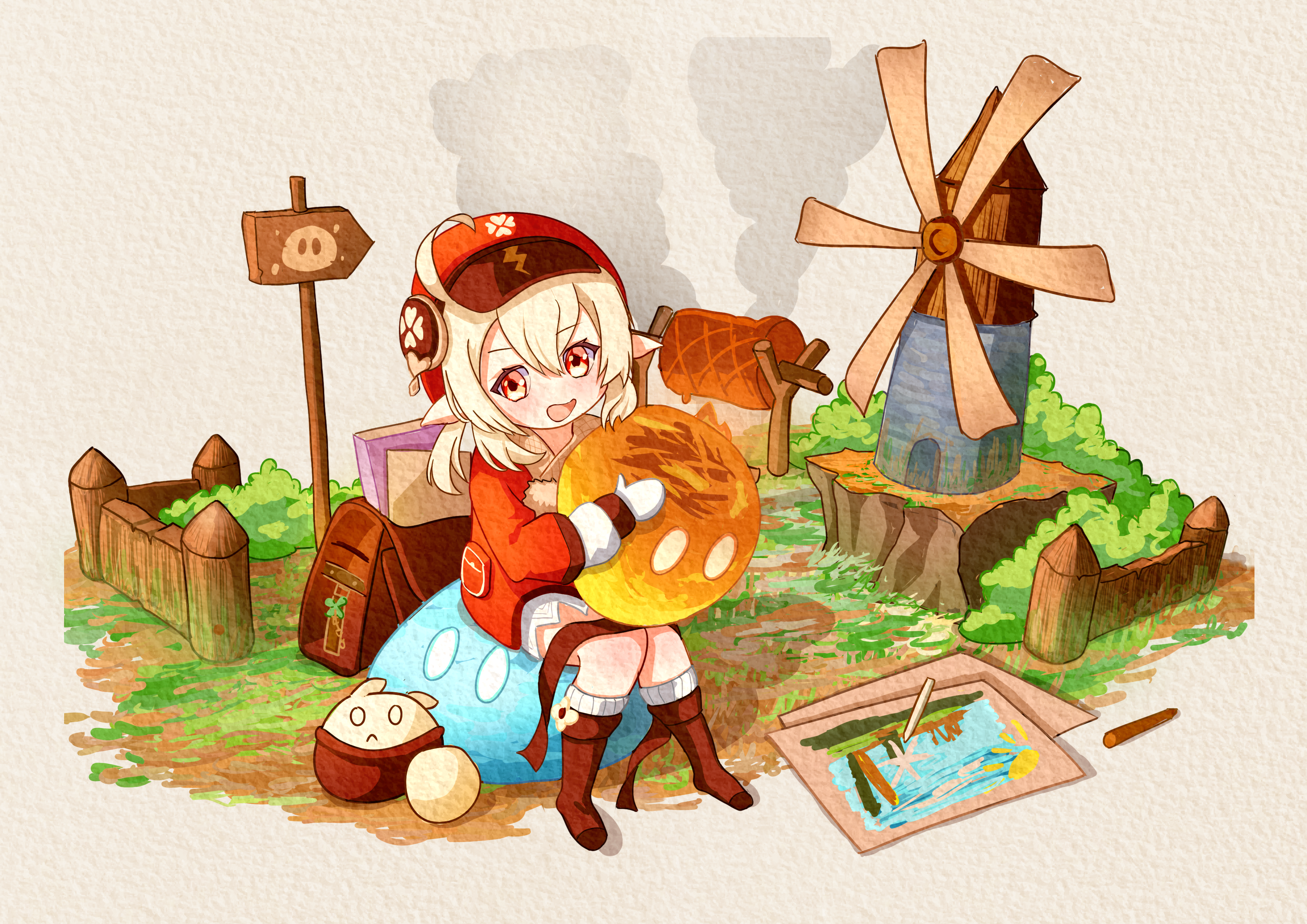 Klee from Genshin Impact with a Slime and a windmill HD Wallpaper