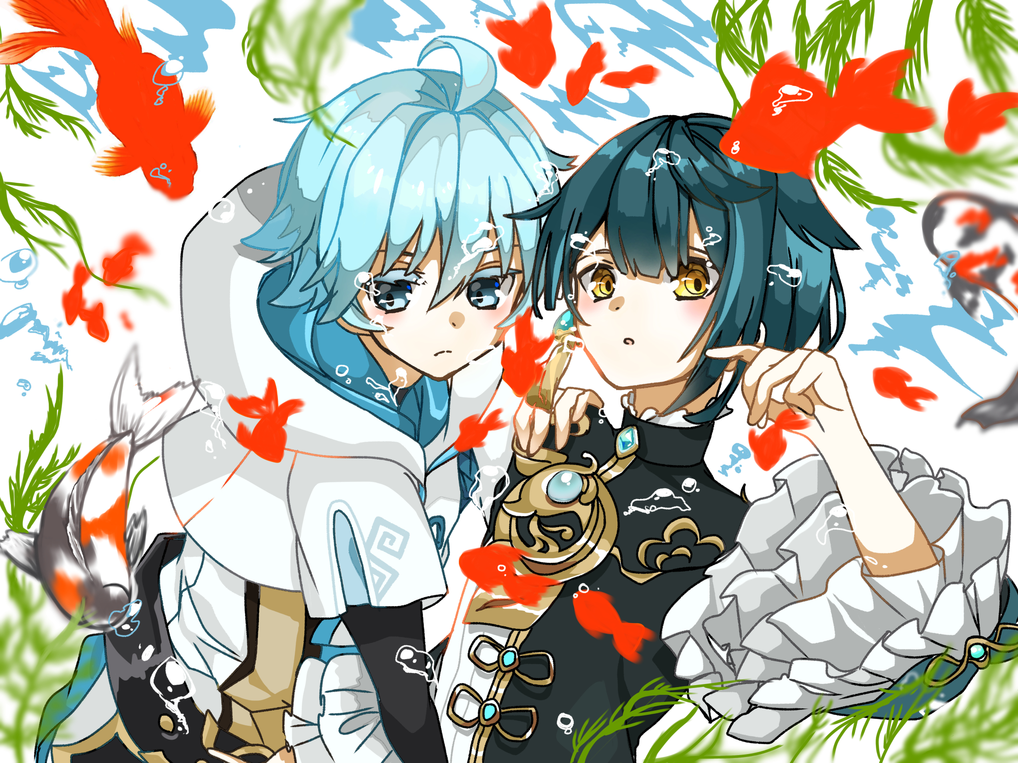 Chongyun and Xingqiu from Genshin Impact with Koi Fish HD Wallpaper