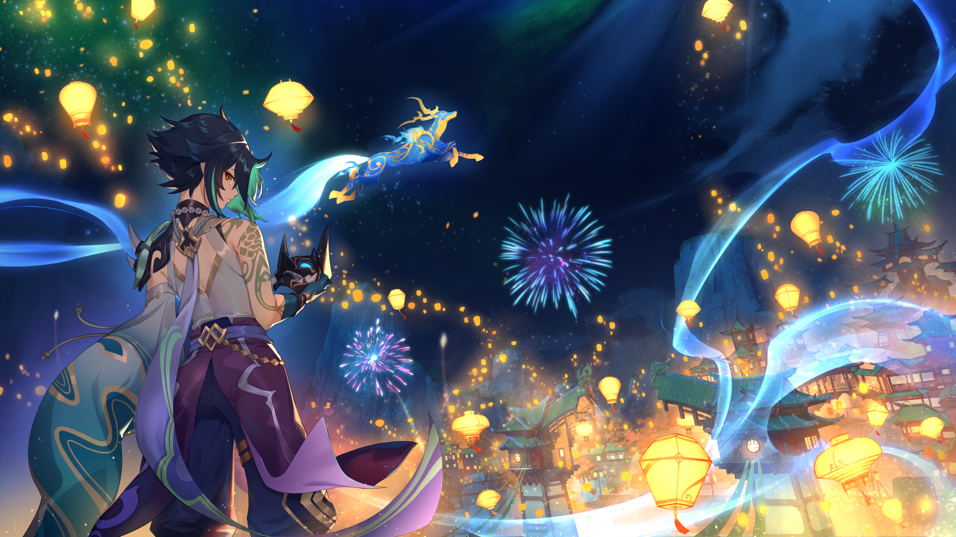 Xiao from Genshin Impact with lanterns and fireworks HD Wallpaper