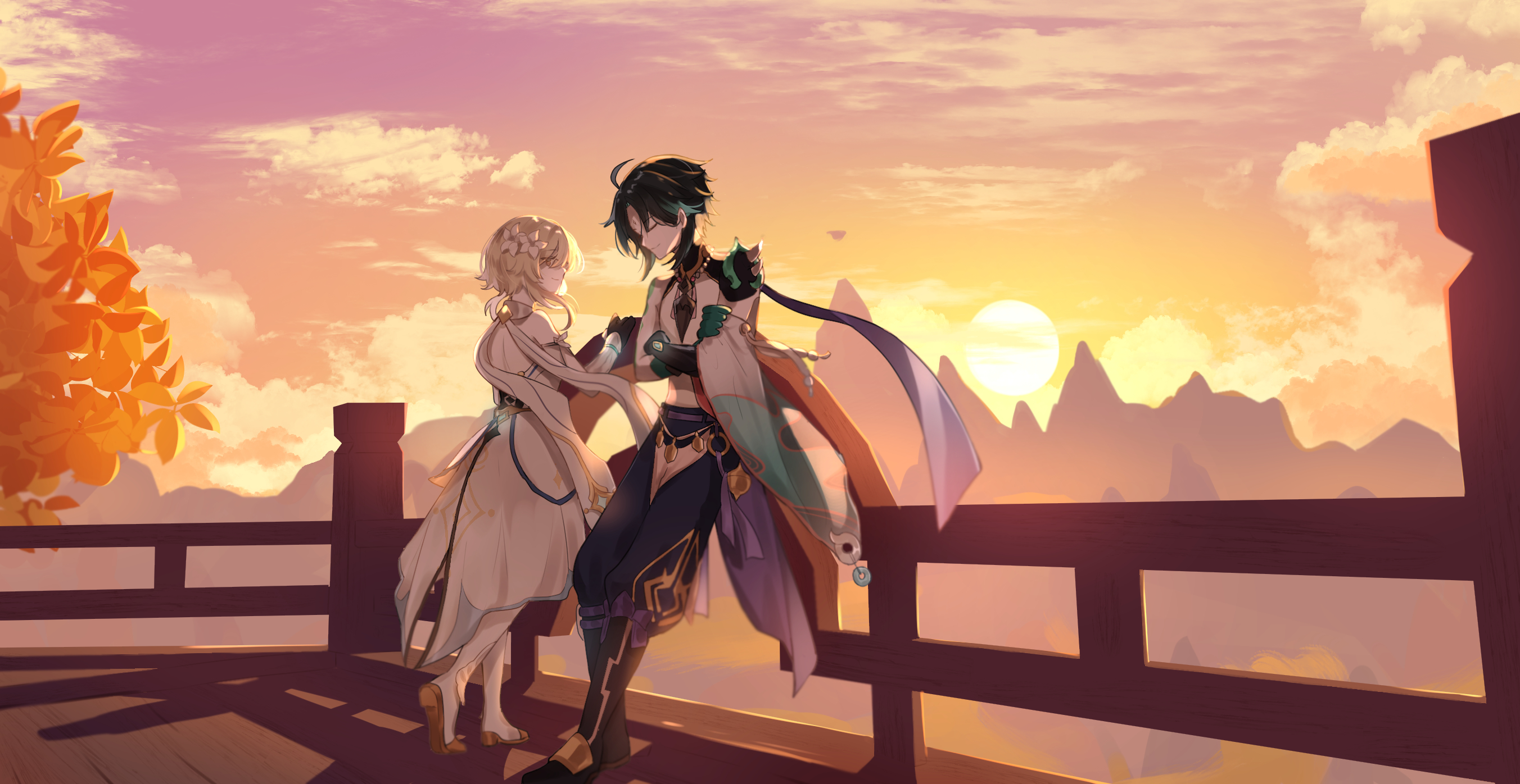 Lumine and Xiao from Genshin Impact at sunset HD Wallpaper