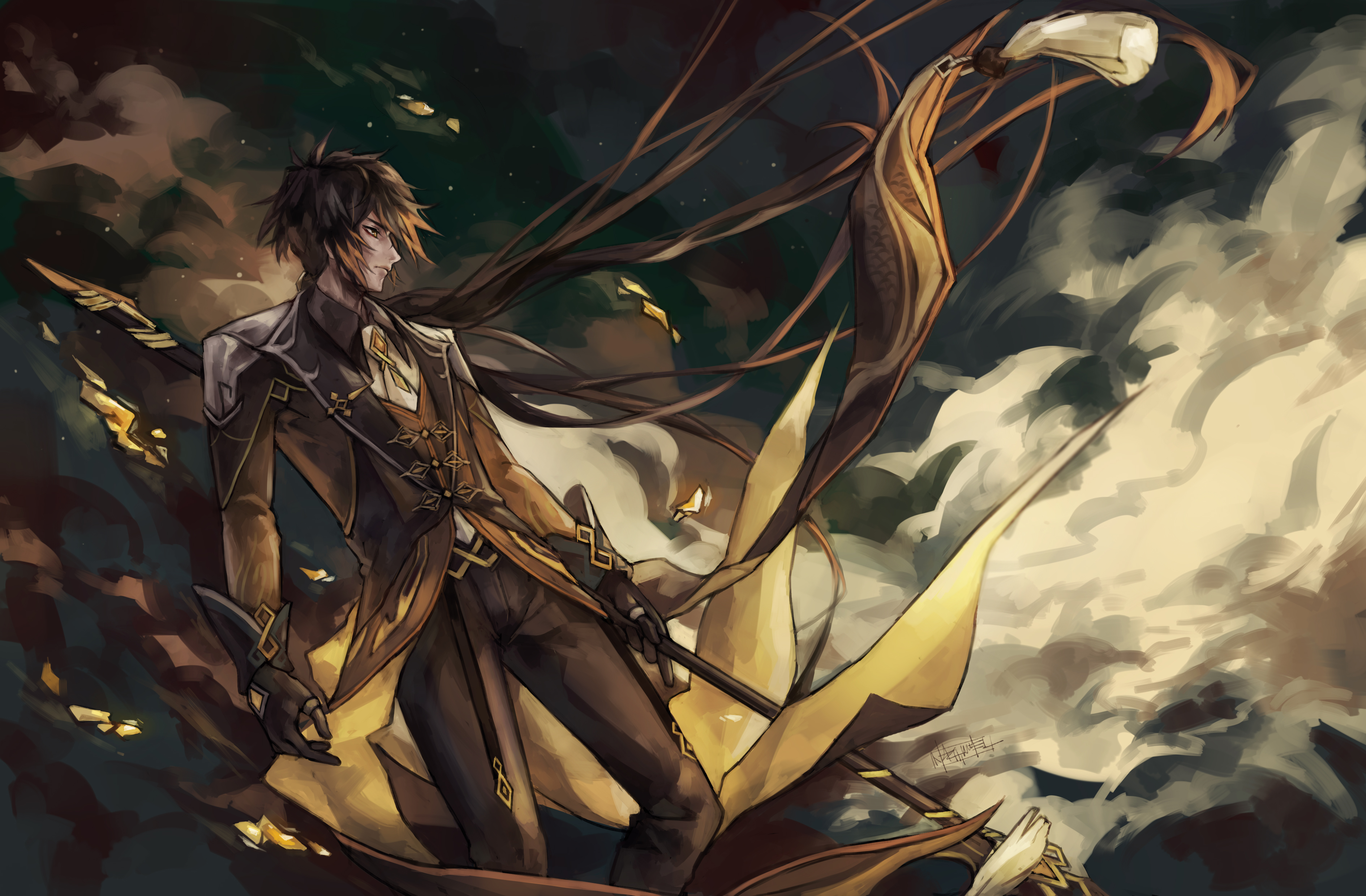 Zhongli from Genshin Impact with golden accents HD Wallpaper