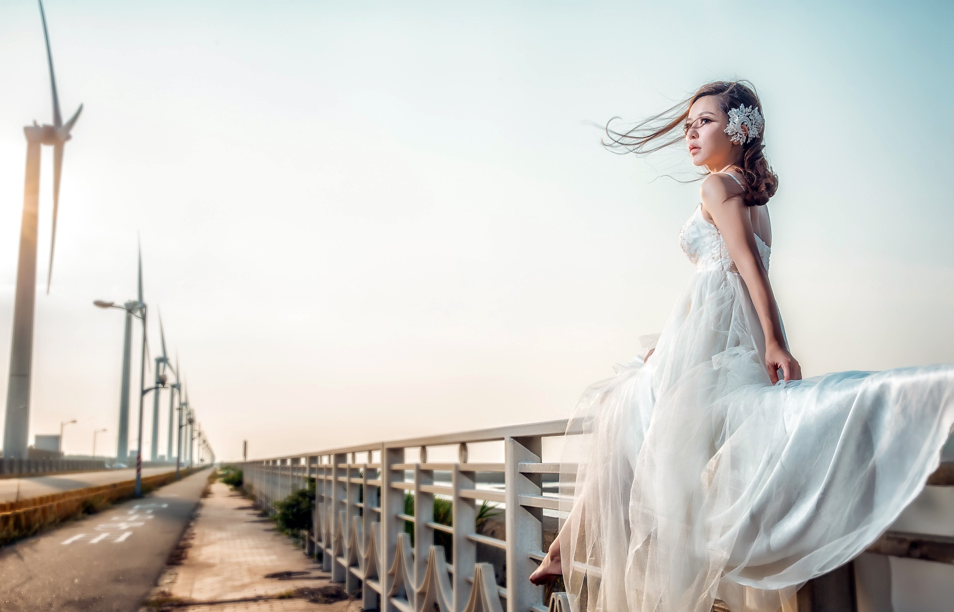 Woman in white dress with wind turbines HD Wallpaper