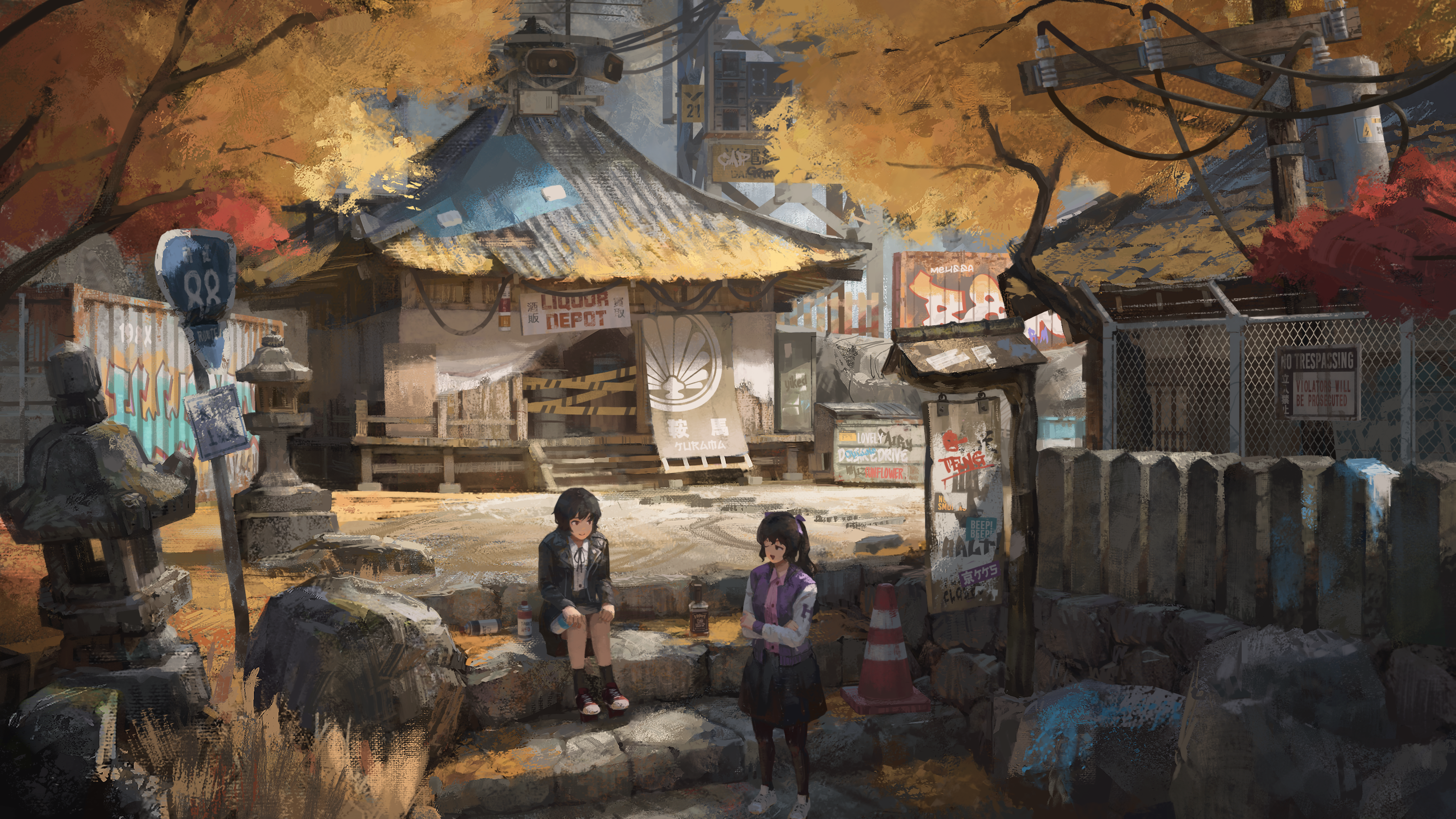 Two girls in a rundown urban setting with Japanese architecture HD Wallpaper
